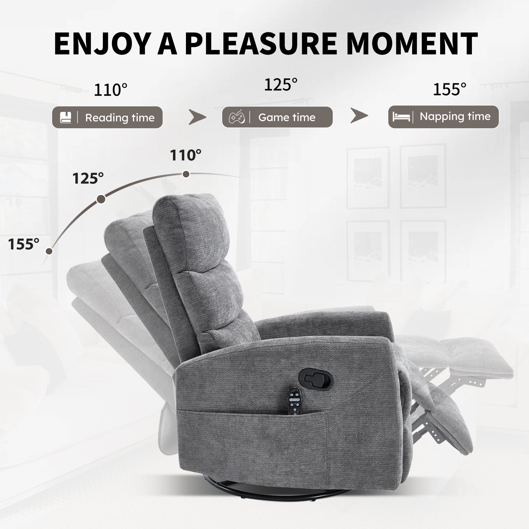PAPROOS Recliner Chair with Massage and Heat, Fabric 360° Swivel Rocker Recliner, Rocking Chair for Nursery, Manual Recliner for Adults for Home Theater Living Room