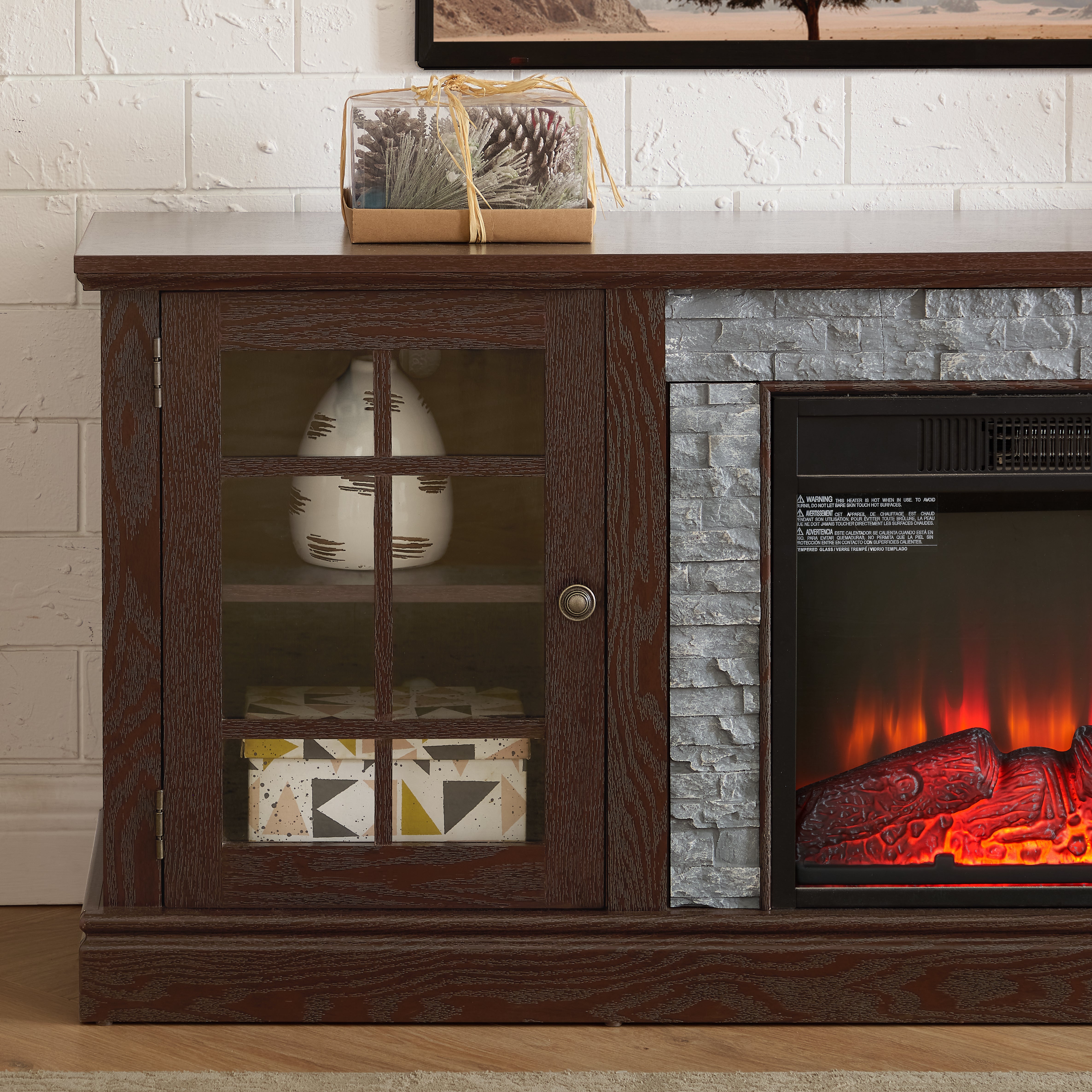 PAPROOS 70" Fireplace TV Stand for TVs up to 75", Farmhouse Entertainment Center with 23" Electric Fireplace, Faux Stone Media Console with Glass Doors and Adjustable Shelves, Cherry