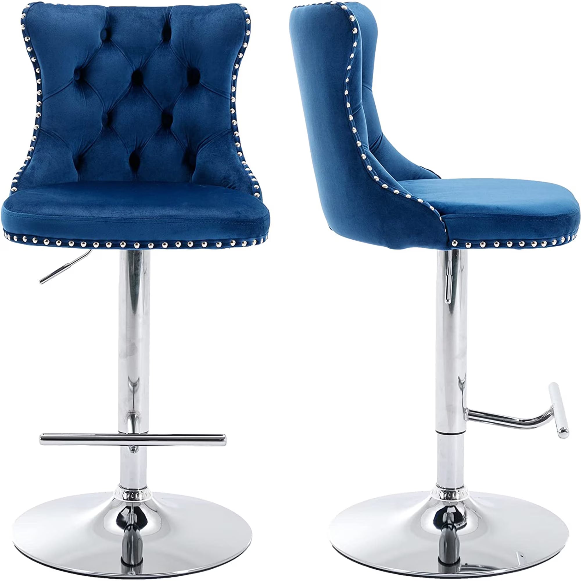 Swivel Bar Stools Set of 2, PAPROOS Adjustable Height Counter Height Bar Stools with Back, Velvet Dining Chair with Button Tufted & Nail Trim, Kitchen Chair for Kitchen Island Pub