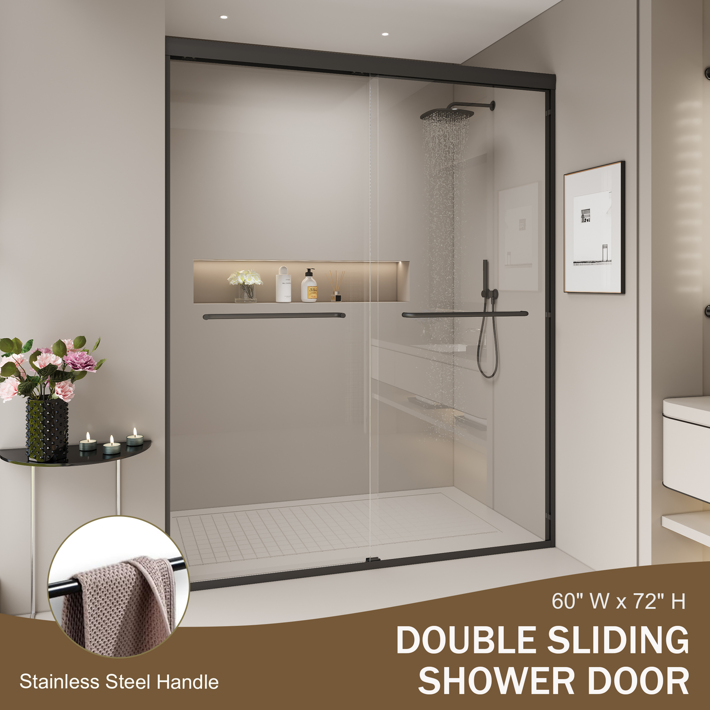 PAPROOS 50-60” W x 72” H Semi-Frameless Double Sliding Shower Door, Bypass Bathtub Shower, 1/4” (6mm) ANSI Tempered Glass with Anti-Leak Seal, Tub Shower Doors for Walk-in Shower, Matte Black Finish