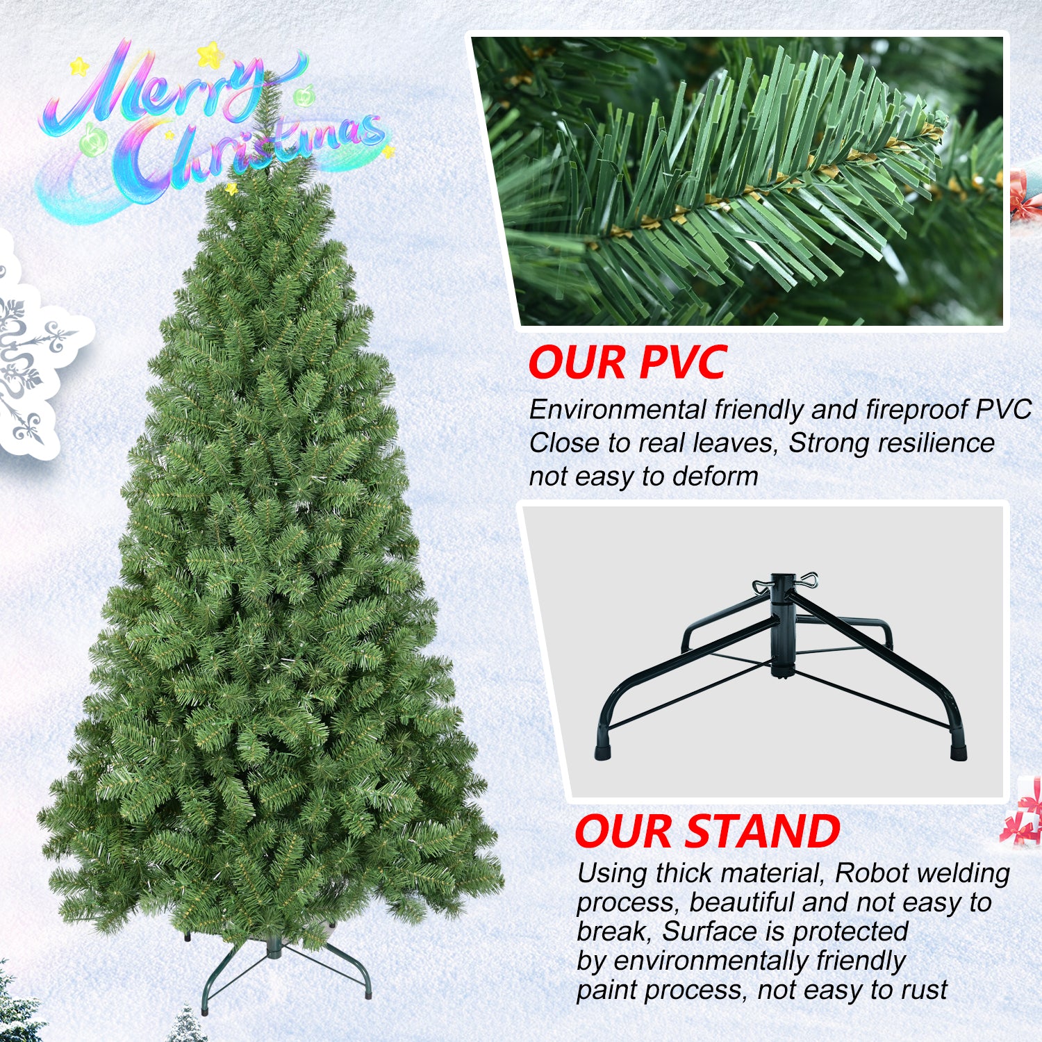 PAPROOS Christmas Tree, 6FT Hinged Artificial Christmas Tree with 760 Lush Tips, Unlit PVC Xmas Tress with Memory Wire, Metal Base, Easy Setup, Christmas Tree for Indoor Holiday Decor, Green