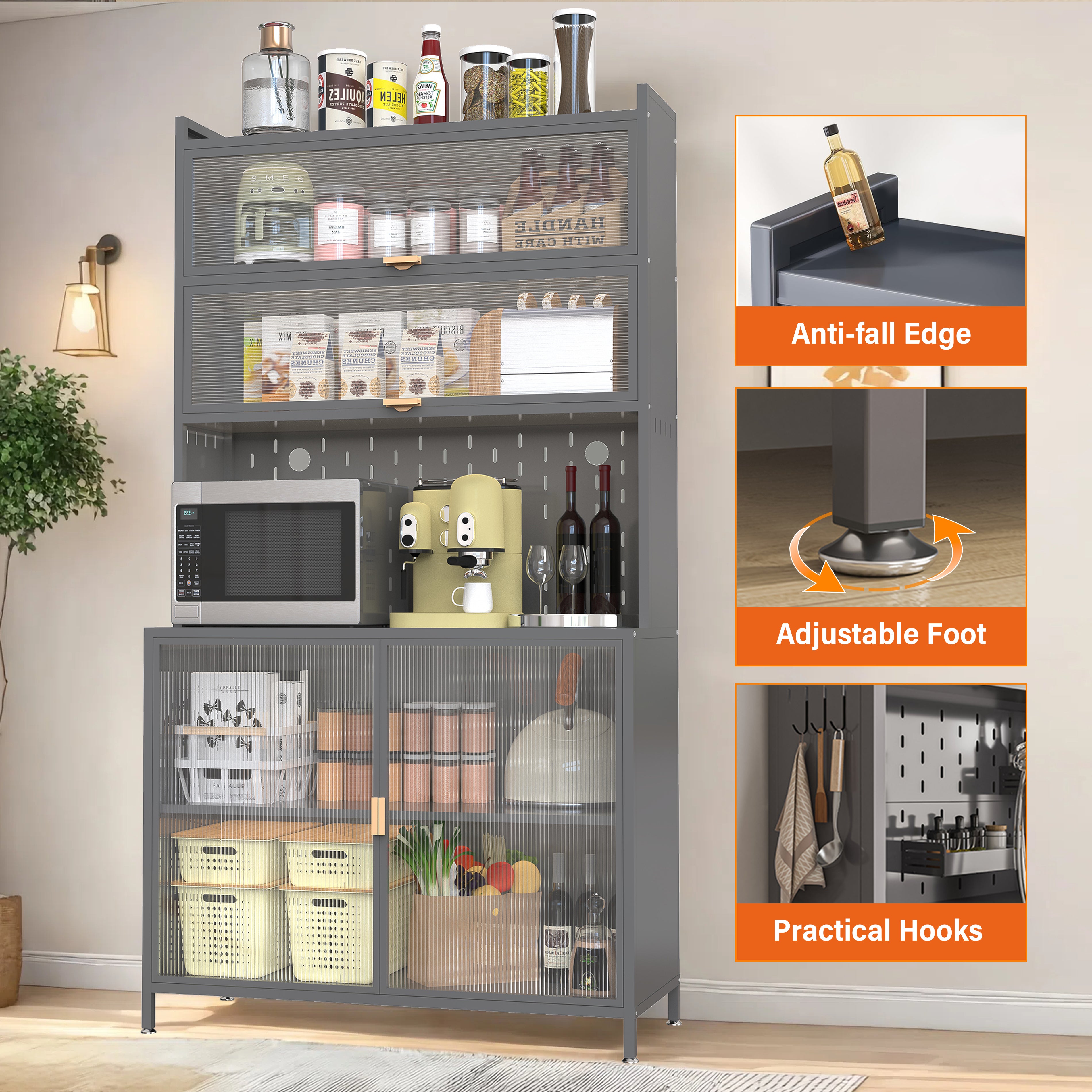 PAPROOS 73” Tall Kitchen Pantry Cabinet, Metal Pantry Cabinet with 6 Level Flip Doors, Pegboard, Modern Pantry Storage Cabinet with Anti-Tip Design, Hutch for Kitchen, Dining Room, Living Room