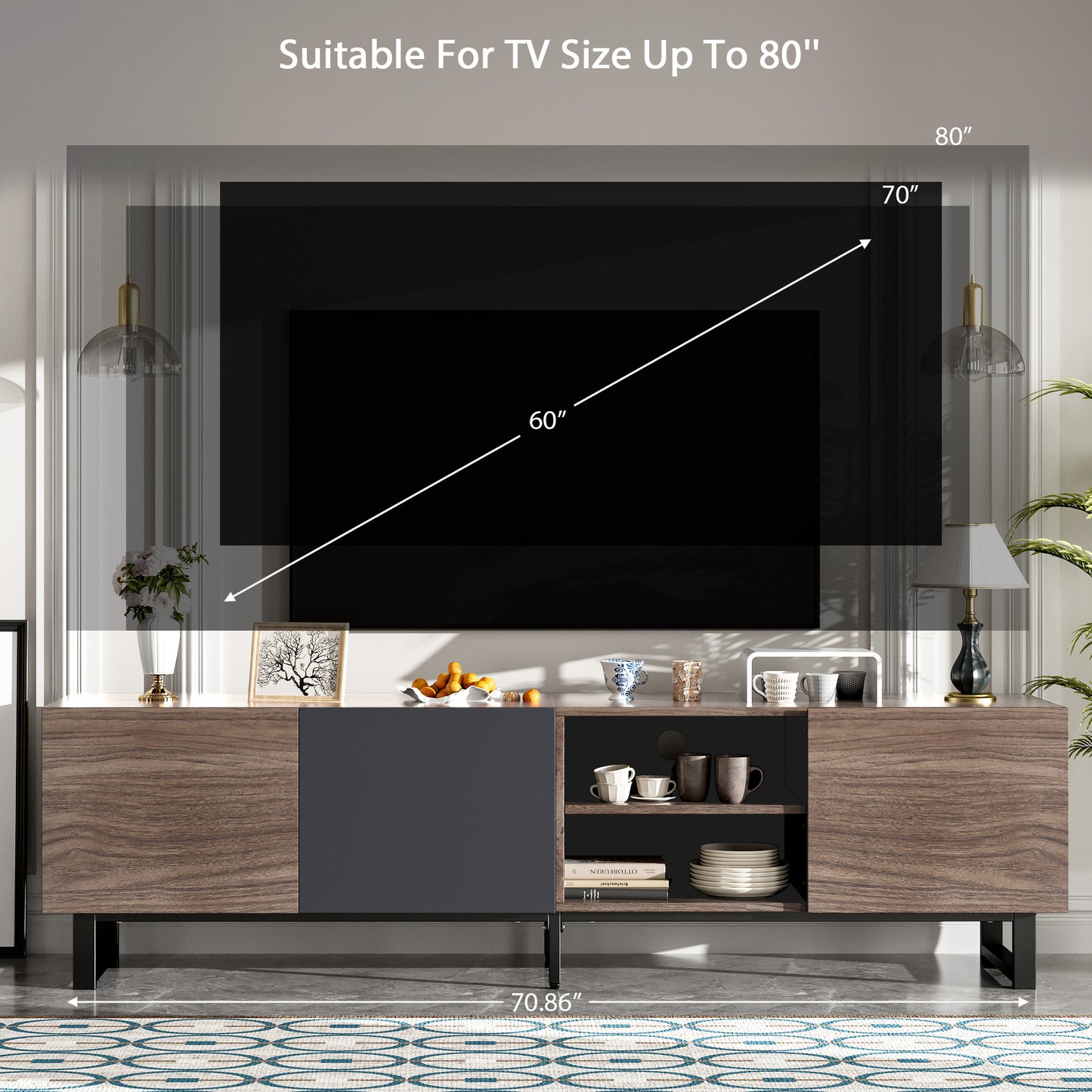 TV Stand for 80 Inch TVs, Paproos Entertainment Center with Storage Cabinets, TV Cabinet with Doors, Media Console Table with Open Shelves for Living Room, Office