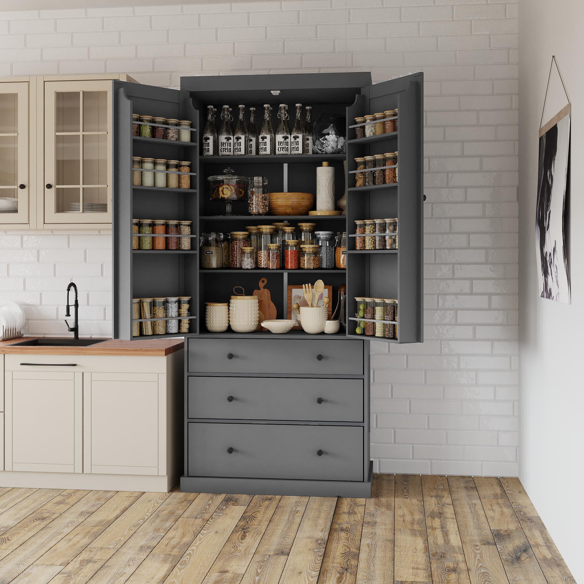 PAPROOS 77" Tall Pantry Cabinet, Wood Kitchen Pantry Storage Cabinet with 3 Drawers, 2 Doors, Farmhouse Cupboard Storage with 3 Adjustable Shelves, 8 Door Shelves for Dining Room, Craft Room, White