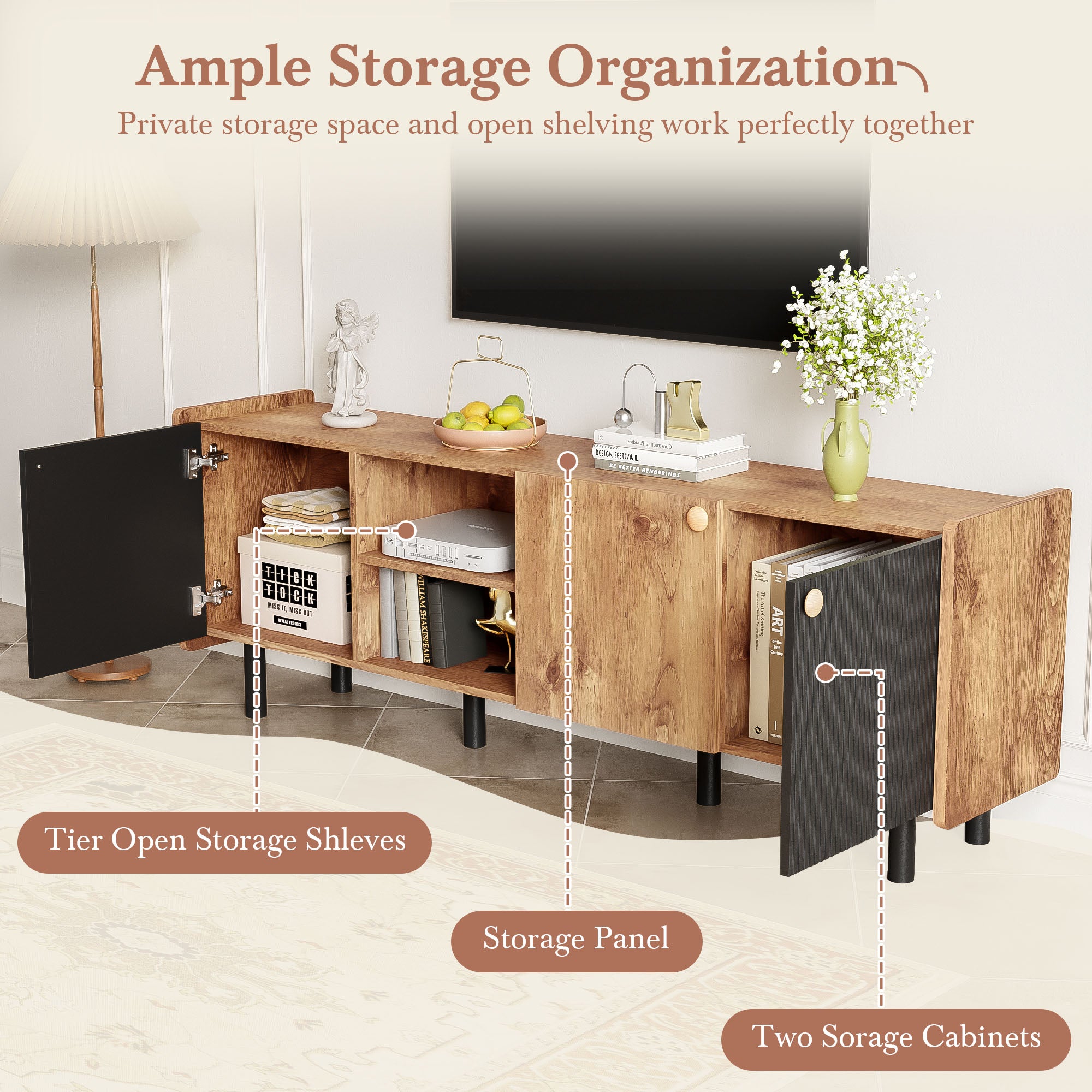 PAPROOS TV Stand for 70 inch tv, Mid Century Entertainment Center with Storage Cabinets, TV Cabinet with Open Shelves, Media Console Table with Doors for Living Room, Office