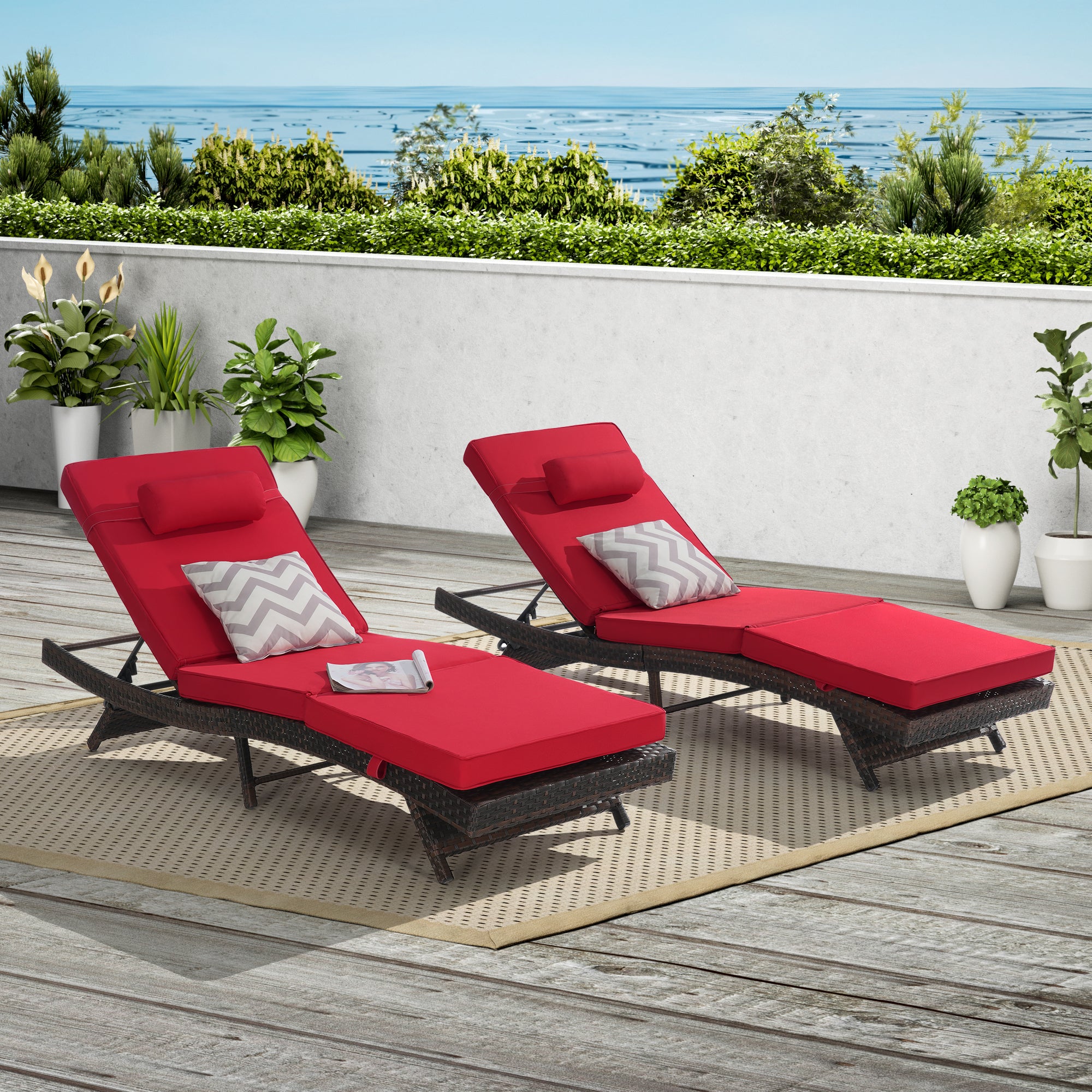 Outdoor Chaise Lounge Chair Set of 2, Wicker Outdoor Lounger Recliner with Cushions and 5-Level Adjustment Backrest, Modern Patio Lounge Chair for Poolside, Garden,