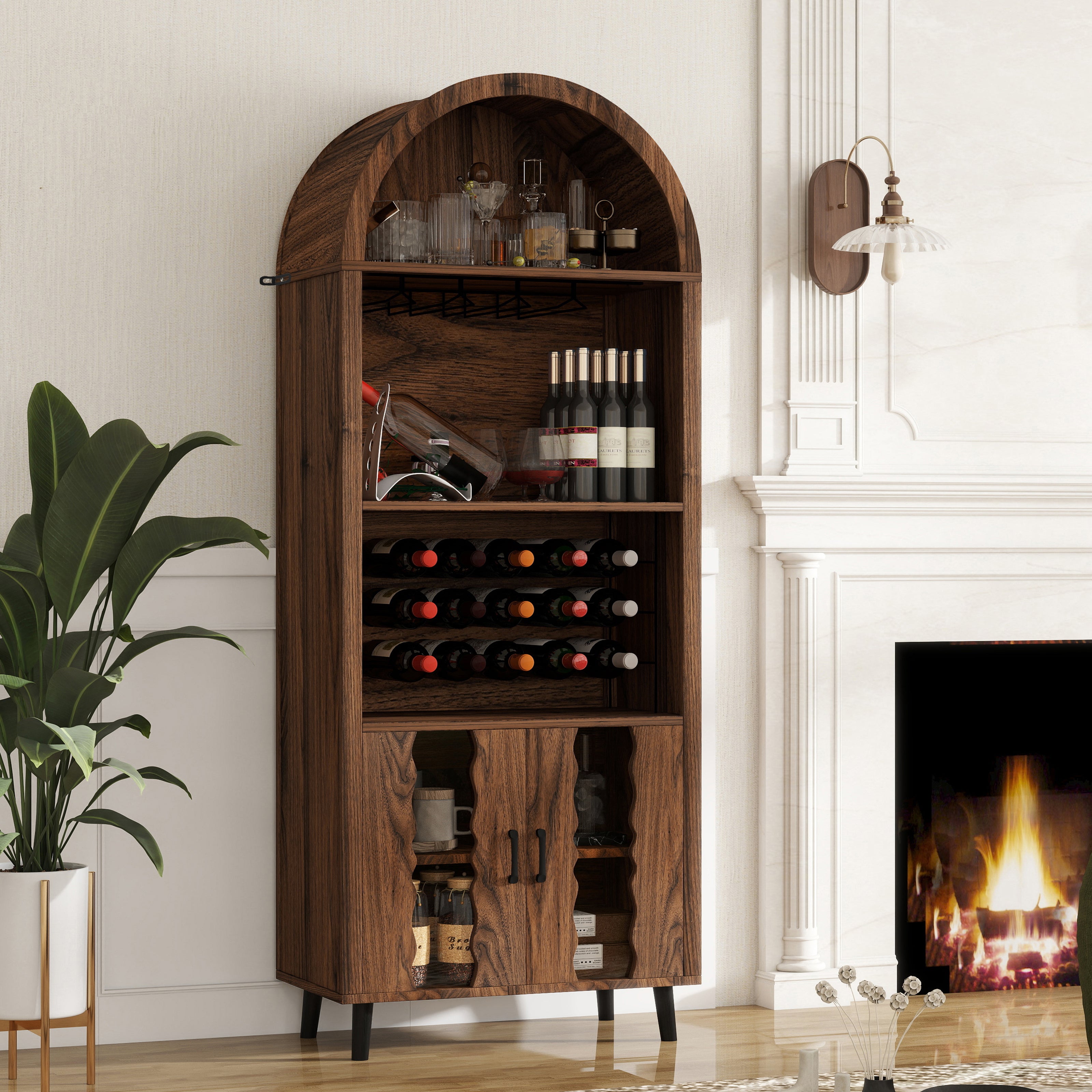 71" Tall Wine Bar Cabinet, Paproos Farmhouse Liquor Cabinet with Doors, Wine Racks, Glass Holder, Coffee Bar Cabinet with Storage Cabinet, for Living Room, Kitchen, Home Bar, Brown Oak
