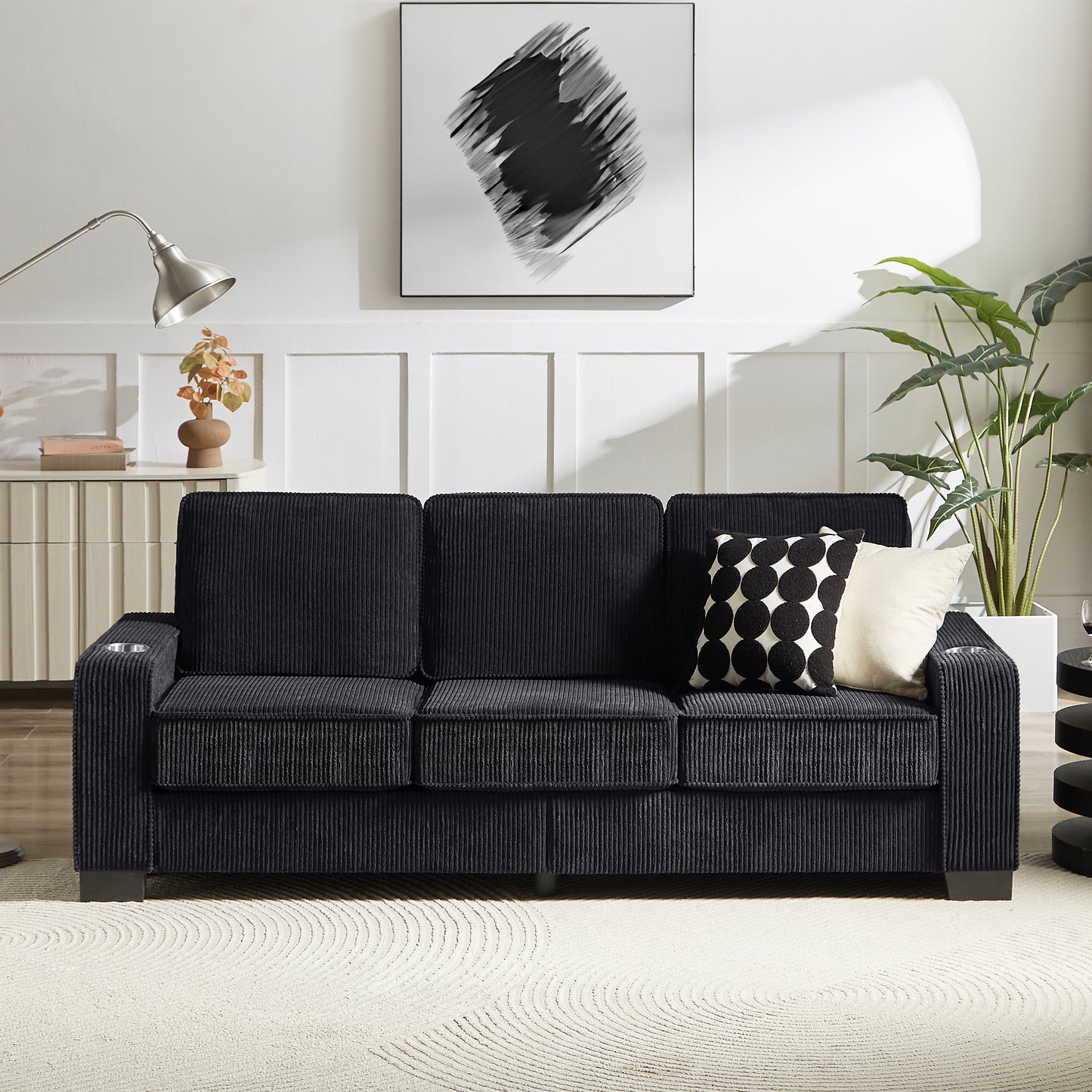 PAPROOS 3-seater Sofa for Living Room, Modern Corduroy Compressed Couch with Cup Holders, Apartments Sofa with Removable Back Cushion, Easy Assembly, Home Sofa Living Room， Gray