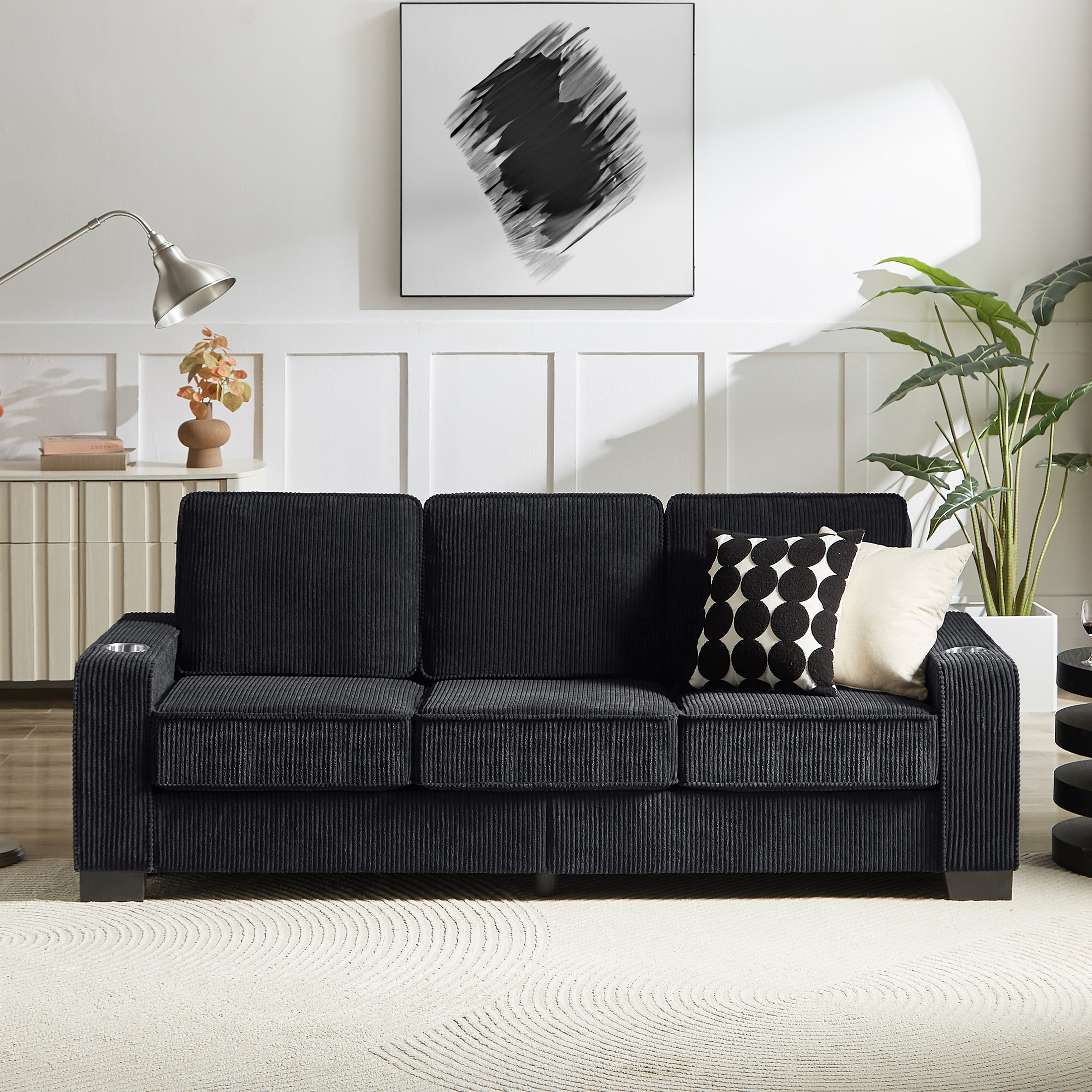 PAPROOS 3-seater Sofa for Living Room, Modern Corduroy Compressed Couch with Cup Holders, Apartments Sofa with Removable Back Cushion, Easy Assembly, Home Sofa Living Room， Gray