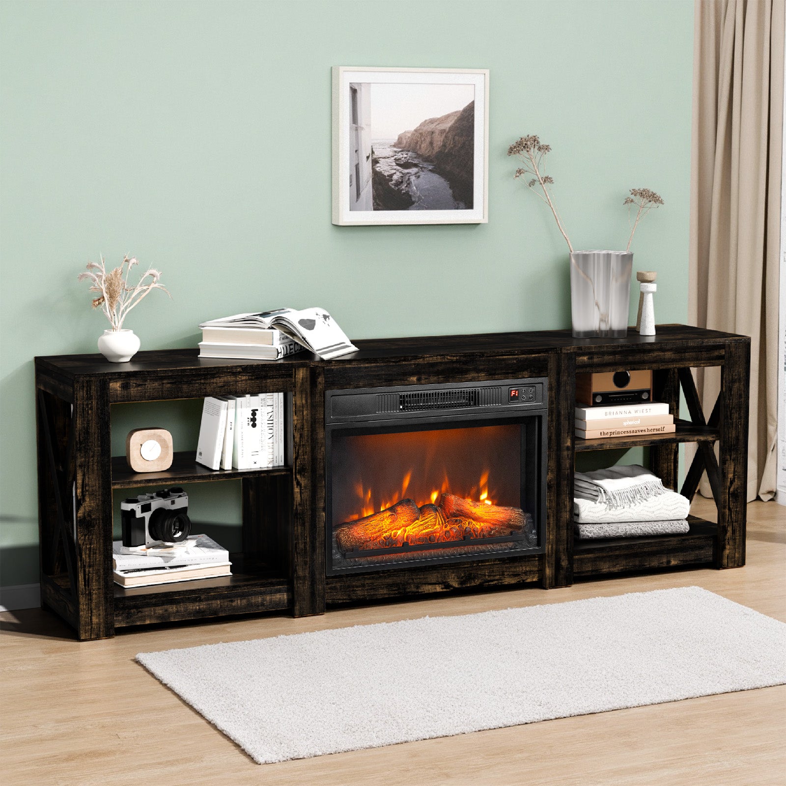 PAPROOS Fireplace TV Stand for 70 Inch TV, Farmhouse TV Stand with 24'' Electric Fireplace, Entertainment Center with Adjustable Shelves, TV Console Table Media Console for Living Room