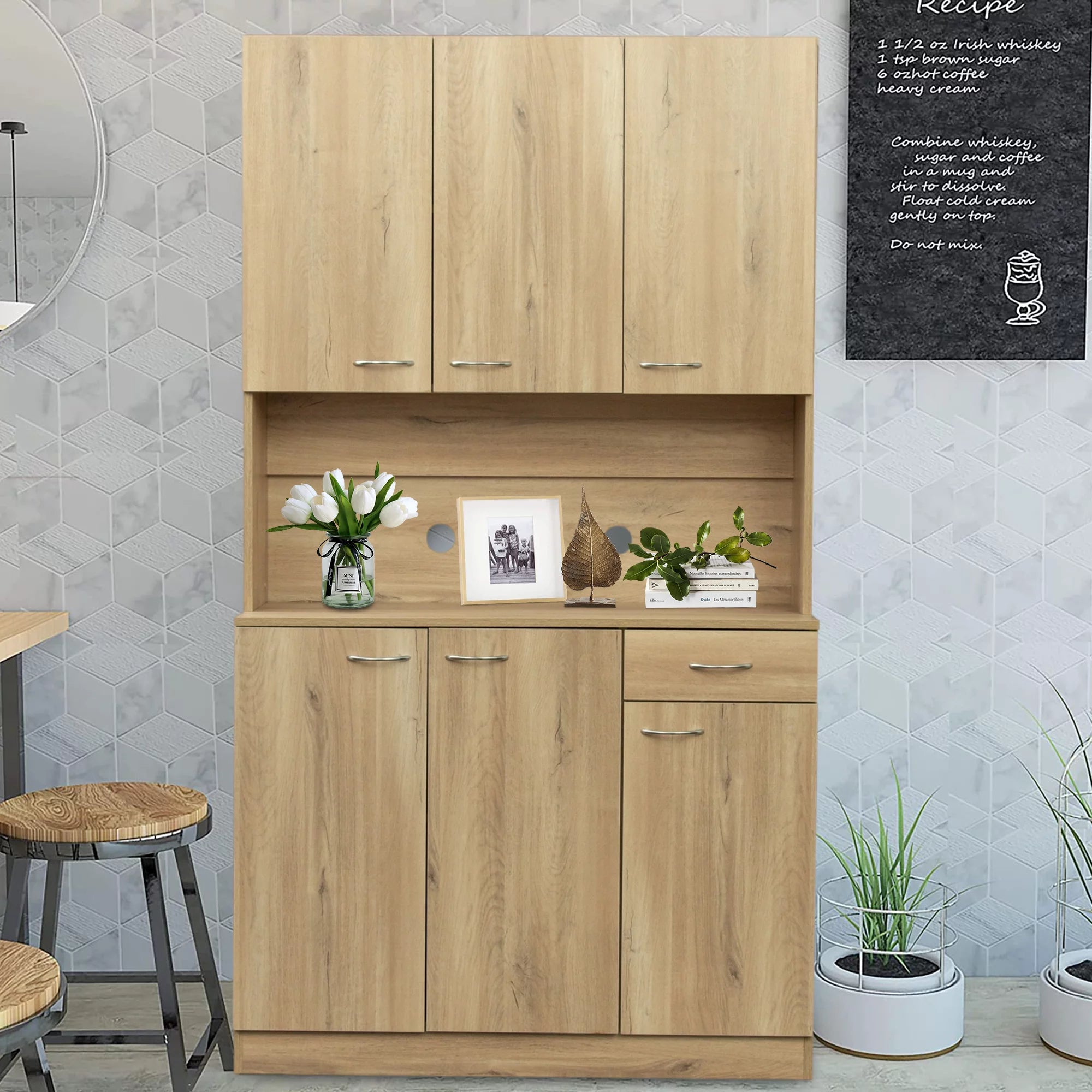 paproos 70.87" Pantry Cabinets with Hutch, Tall Kitchen Pantry Storage Cabinet, Sideboard Buffet Cabinet with 6 Doors, Large Countertop, Storage Shelf, Kitchen Dining Room Bathroom Sideboard, White