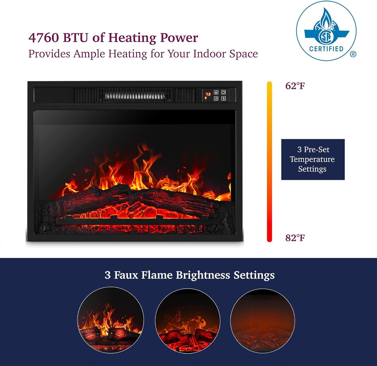 23 Inch Electric Fireplace Insert Heater, PAPROOS Freestanding & Recessed Fireplace Heater with Log Set, Realistic Flame, Electric Fireplace without Control, 1400W, Antique Black