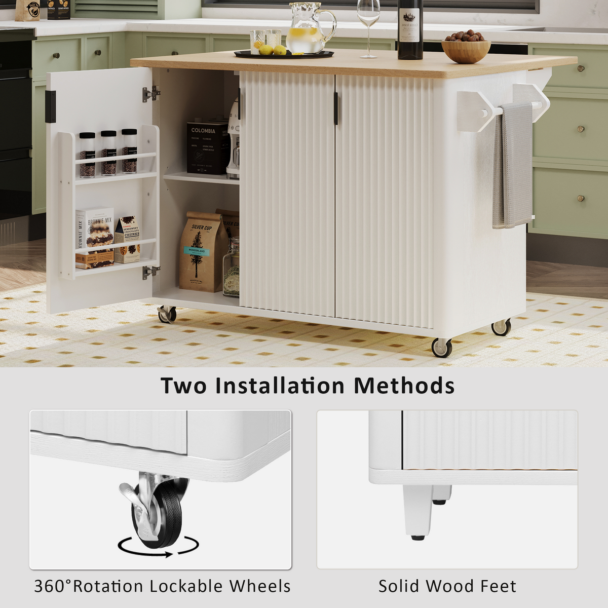 Kitchen Island with Storage, PAPROOS 51" Rolling Kitchen Cart with Drop Leaf & Solid Wood Top, Portable Kitchen Island with Spice Rack & Towel Bar for Kitchen Dining Room