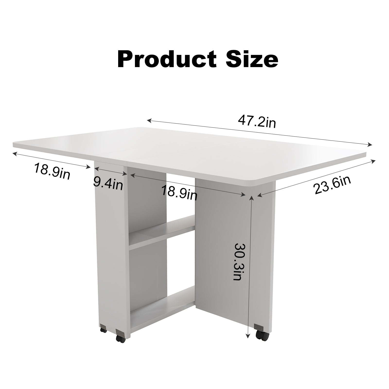 PAPROOS Folding Dining Table, 47'' Drop Leaf Dining Table with Storage Shelves & Wheels, Space Saving Kitchen Table with Marble-color, Expandable Dining Room Table, White