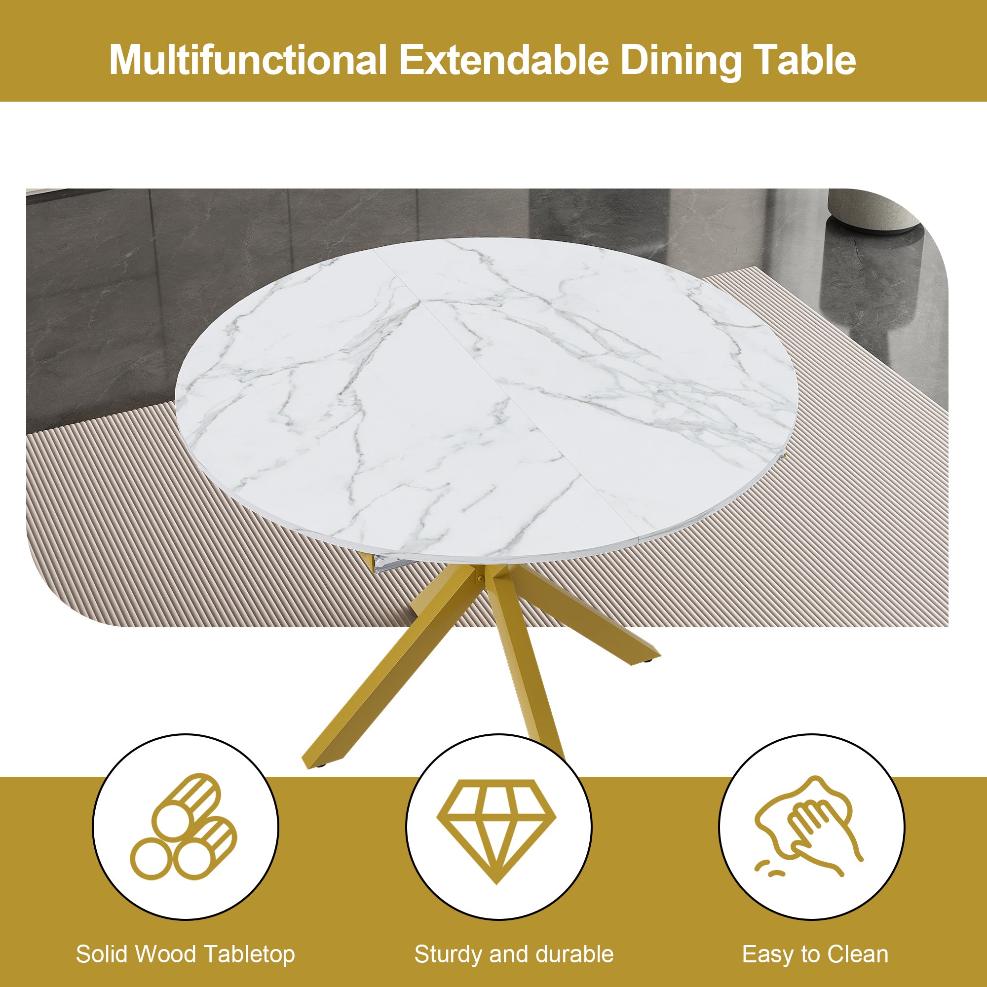 PAPROOS Extendable Dining Table for 4-6, 60'' Expandable Round Dining Room Table with Metal Legs, Faux Marble Kitchen Table for Small Places, Breakfast Nook