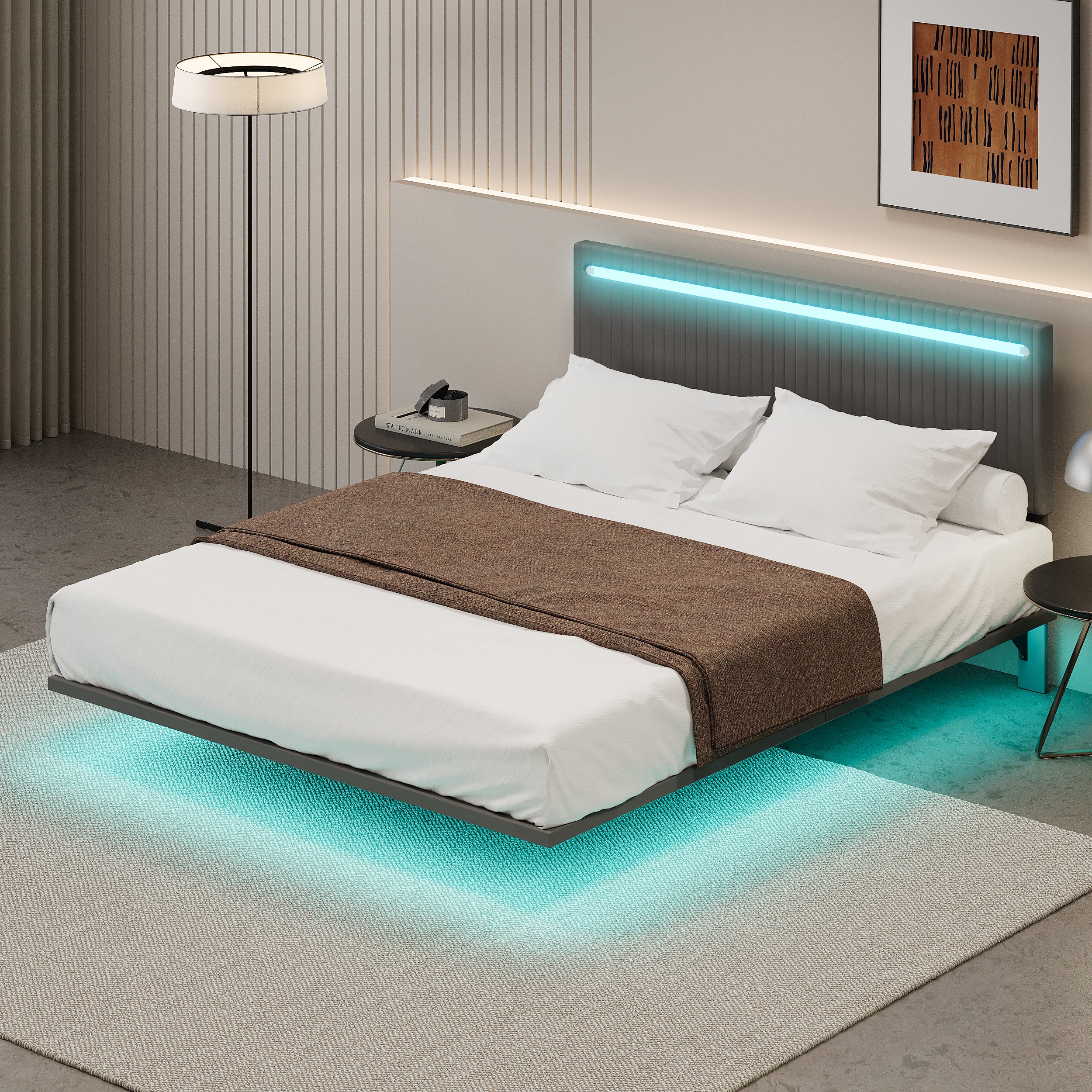 PAPROOS Full Floating Bed Frame, Upholstered Velvet Platform Bed Frame with Adjustable Headboard, RGB LED Lights, Modern Full Size Bed Frame with Underbed Sensor Lights, No Box Spring Needed, Beige