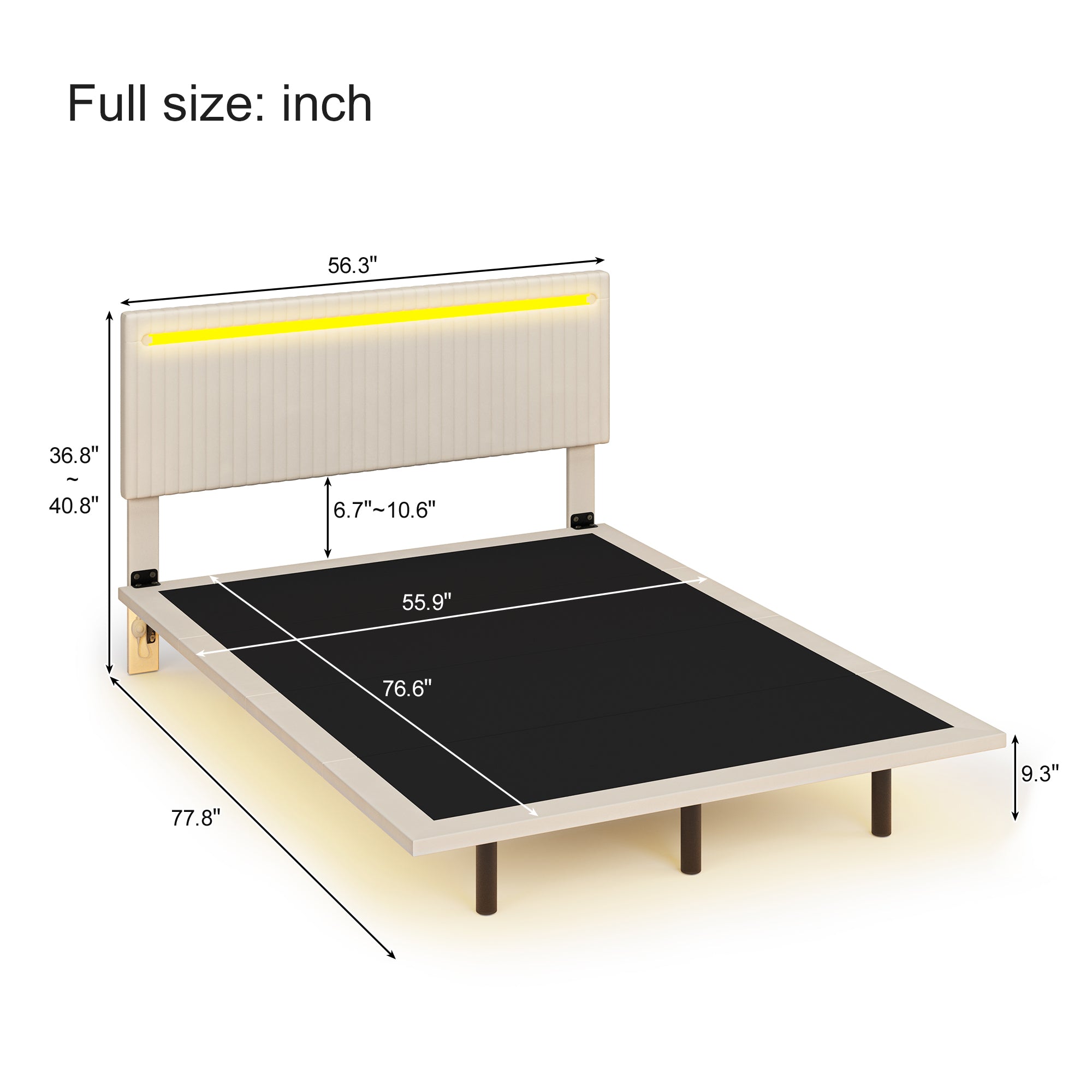 PAPROOS Full Floating Bed Frame, Upholstered Velvet Platform Bed Frame with Adjustable Headboard, RGB LED Lights, Modern Full Size Bed Frame with Underbed Sensor Lights, No Box Spring Needed, Beige