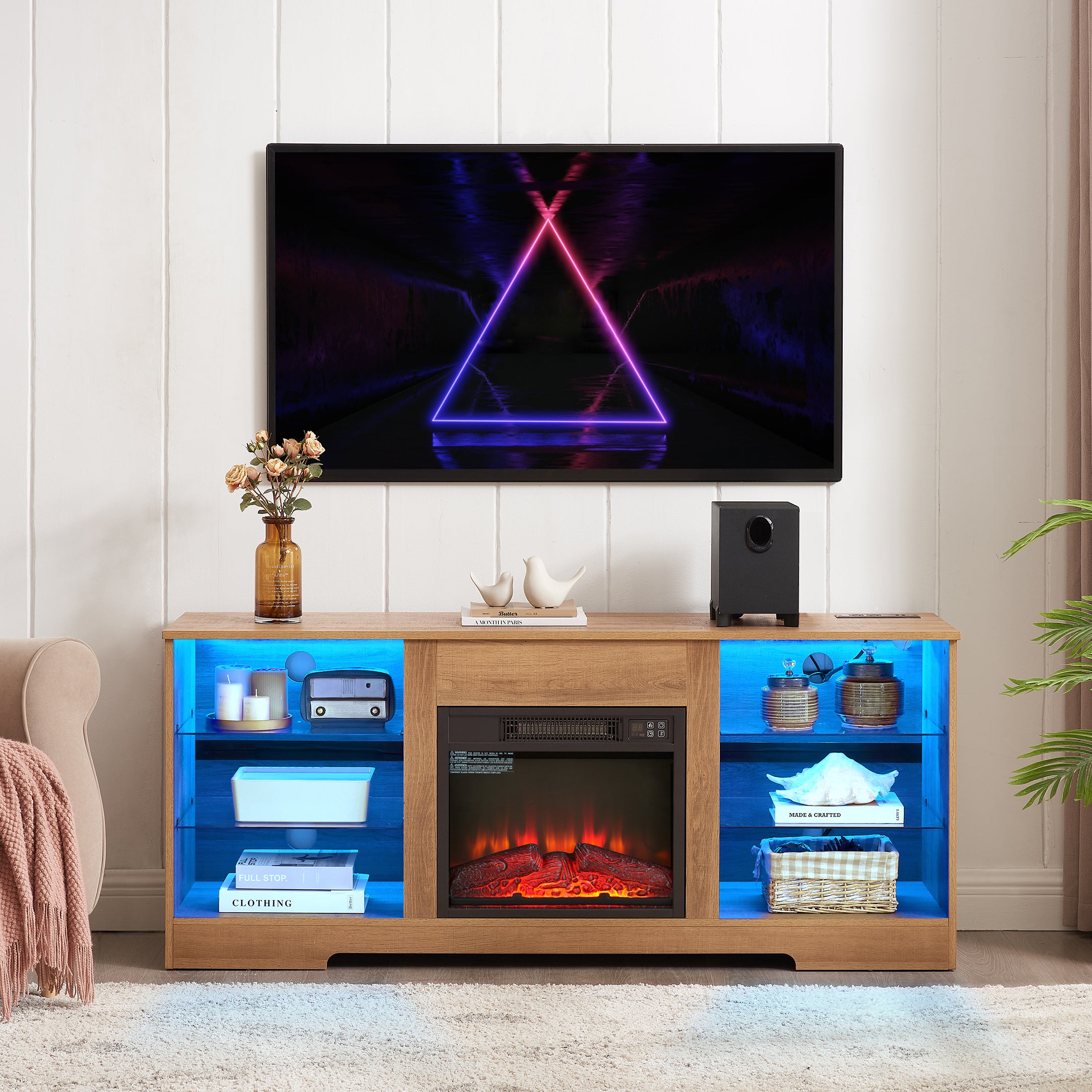 PAPROOS Fireplace TV Stand for 60" TV, Modern Entertainment Center with LED Light, Glass Shelves, 18" Fireplace, Charging Station, Wood Media Console TV Cabinet for Living Room, Espresso