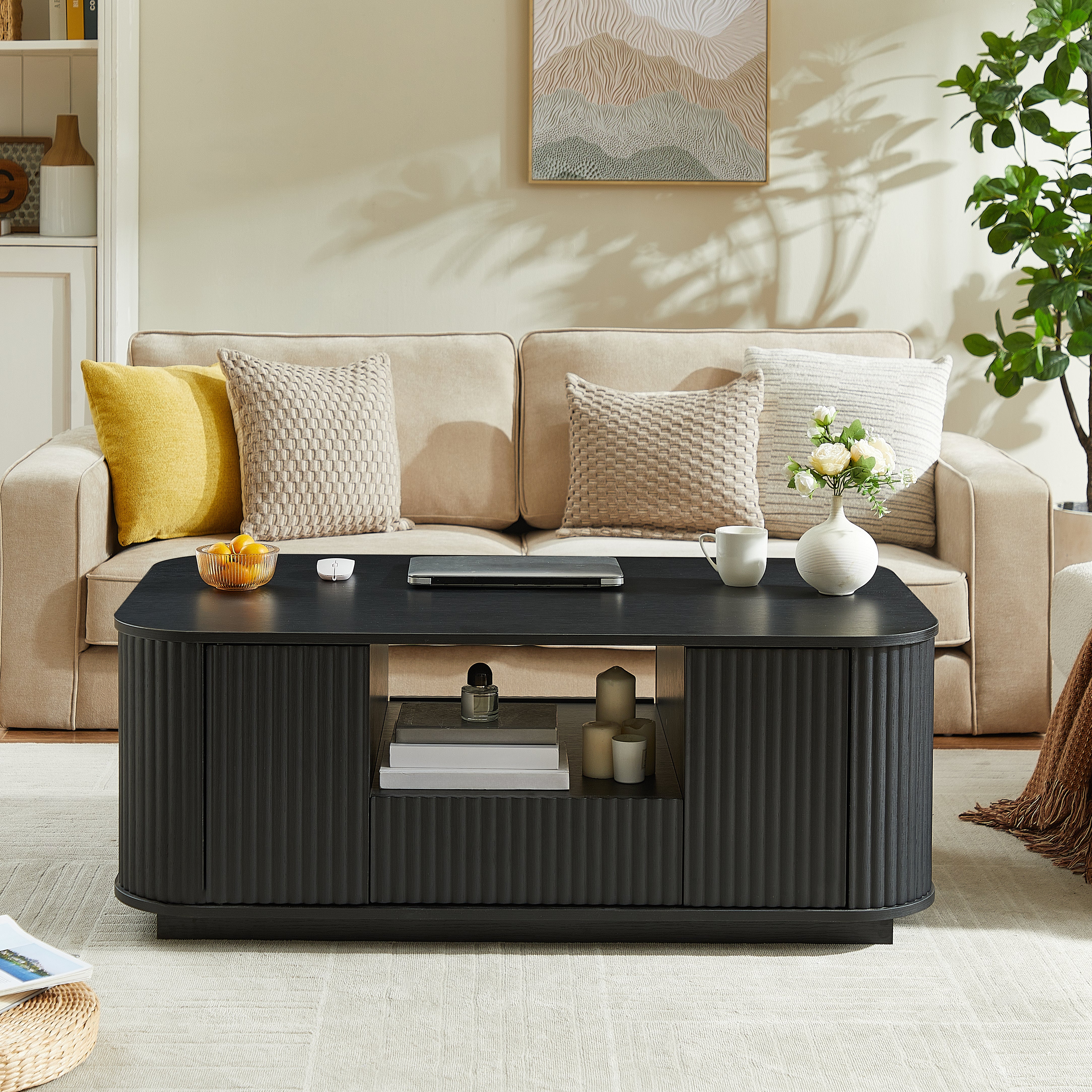 PAPROOS 2-Pieces TV Stand for 70 Inch TV, 64" Entertainment Center with Storage Cabinet, Fluted Sideboard, Accent Cabinet with 1 Drawer and 2 Doors for Kitchen, Dining Living Room