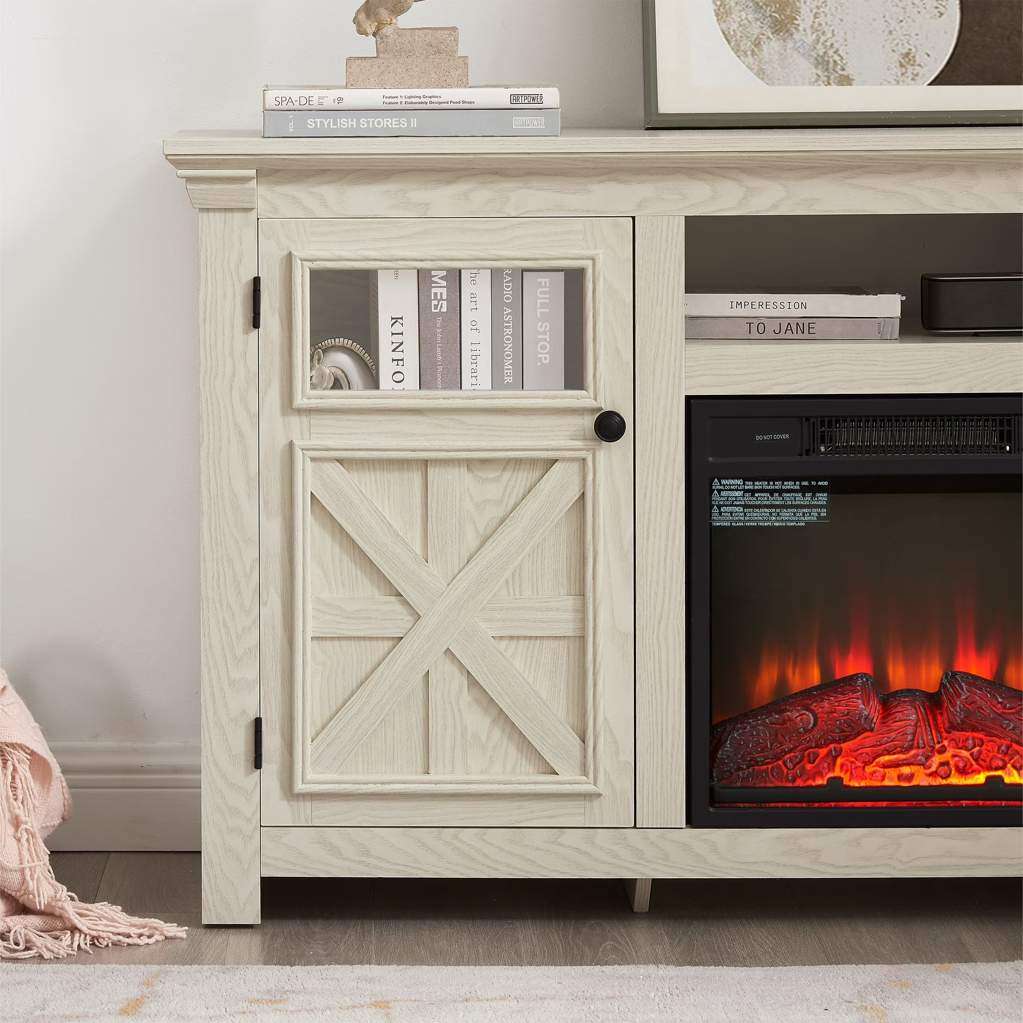 PAPROOS Electric Fireplace TV Stand with Barn Doors for 65" TV, Farmhouse Entertainment Center With Fireplace for Living Room, Wood Media Console with Cabinet and Shelves, White