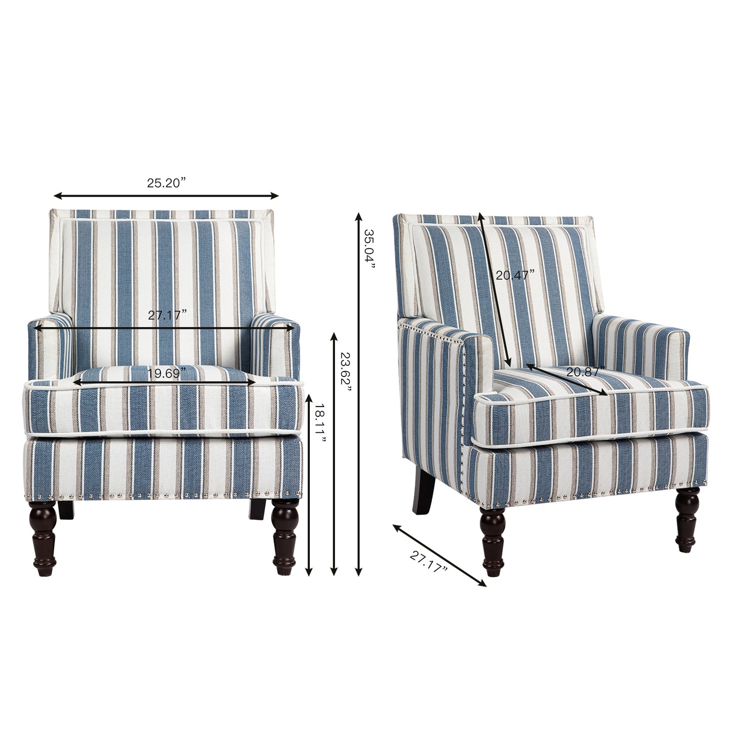 PAPROOS Upholstered Accent Chair, Vintage Arm Chair with Blue and White Striped Linen Fabric and Nailhead Trim, Comfort Reading Chair Lounge Chair, Armchair for Living Room, Bedroom, Blue