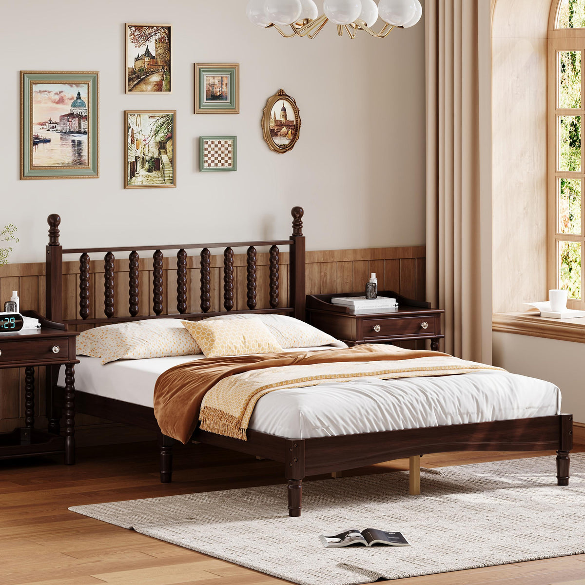 PAPROOS Queen Bed Frame with Spindle Headboard