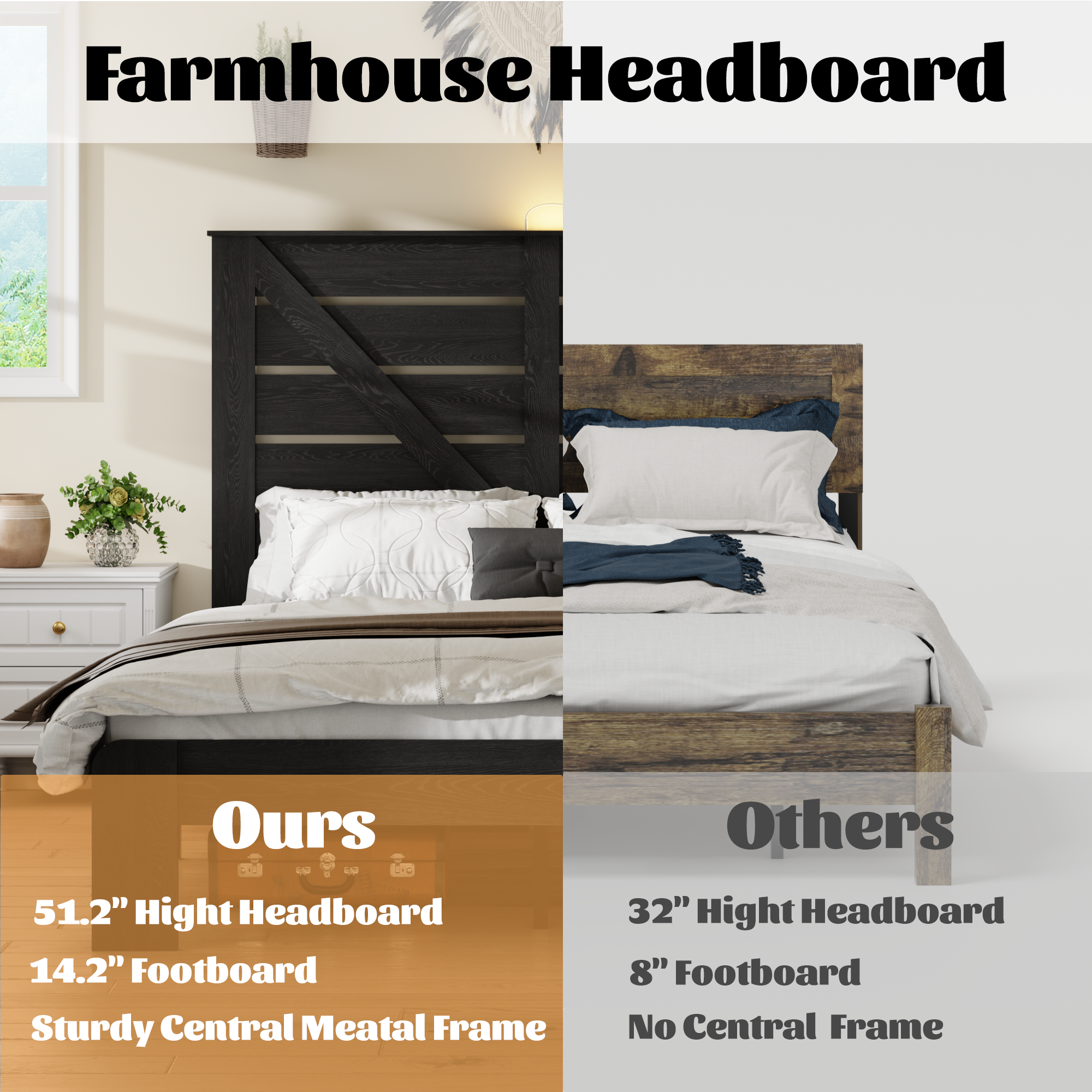 PAPROOS Queen Bed Frame with Headboard, Farmhouse Queen Bed with Charging Station and Touch Lamp, Wood Platform Bed with Metal Slats, No Box Spring Needed, Noise Free