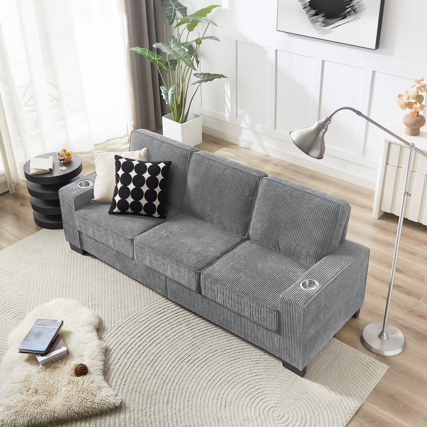PAPROOS 3-seater Sofa for Living Room, Modern Corduroy Compressed Couch with Cup Holders, Apartments Sofa with Removable Back Cushion, Easy Assembly, Home Sofa Living Room， Gray