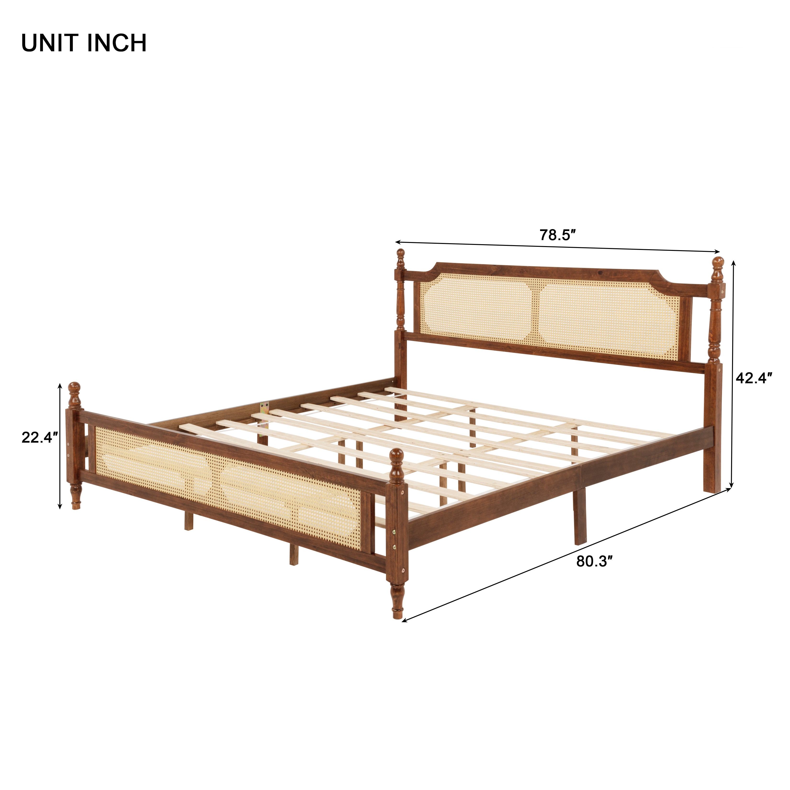 PAPROOS King Platform Bed Frame, Wood King Size Bed Frame with Rattan Headboard, Modern Bed Frame King with Central Enhanced for Adults, No Box Spring Needed