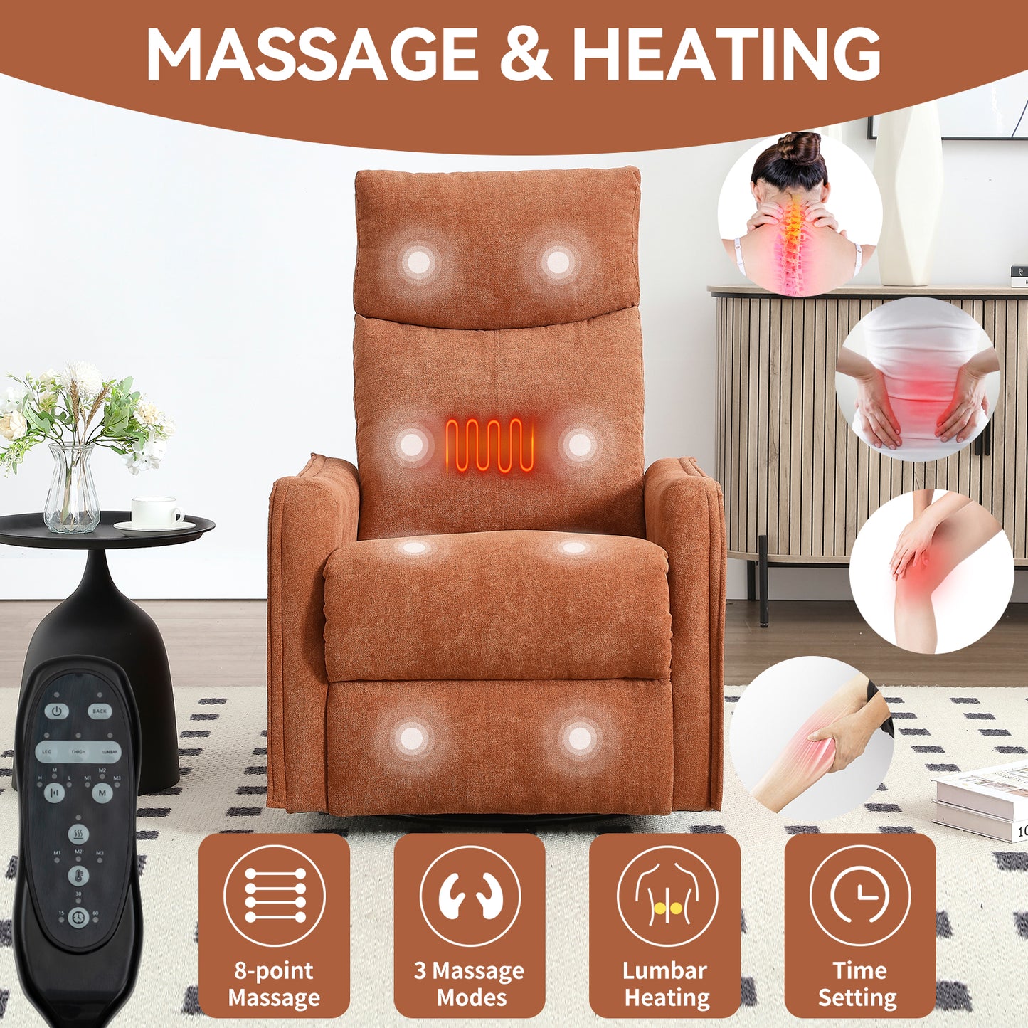 PAPROOS Heat Massage Recliner Chair, 360°Swivel Rocker Recliner Chair, Home Theater Recliner with 2 Side Pockets, Push Back Recliner, Nursery Chair for Bedroom, Living Room