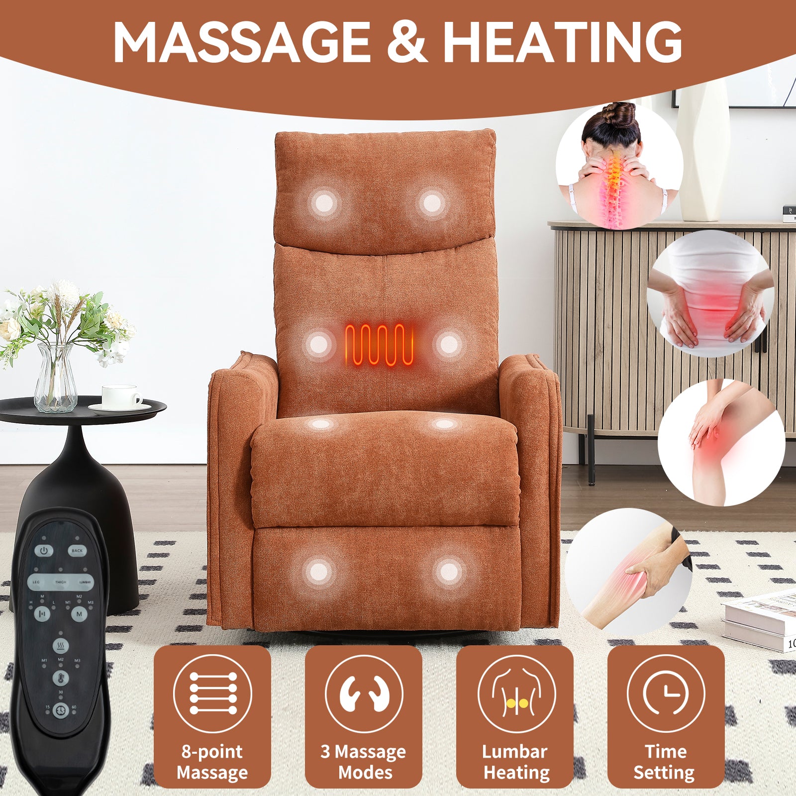 PAPROOS Heat Massage Recliner Chair, 360°Swivel Rocker Recliner Chair, Home Theater Recliner with 2 Side Pockets, Push Back Recliner, Nursery Chair for Bedroom, Living Room