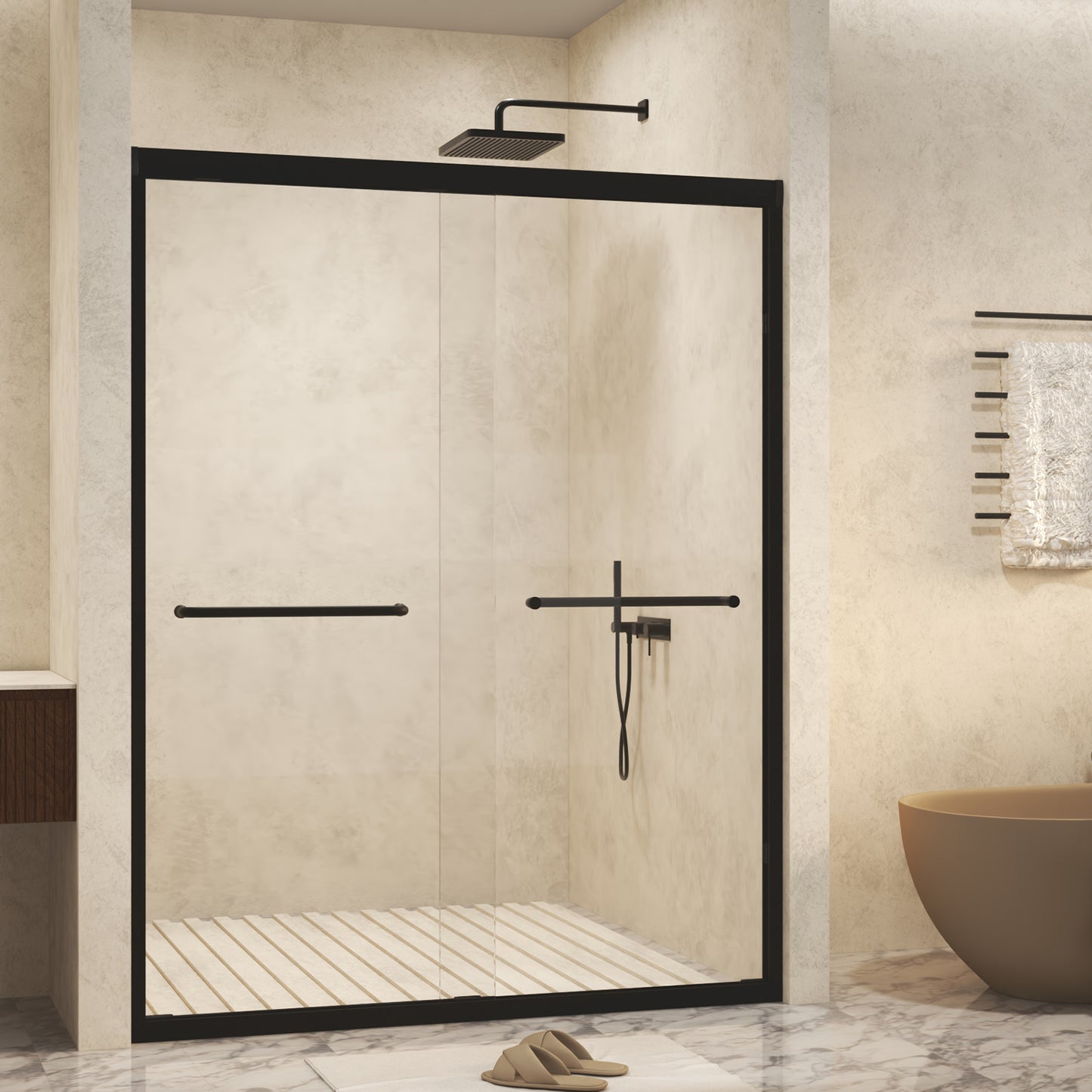 PAPROOS 56"-60" W x 72" H Double Sliding Shower Door, Modern Tub Door with Aluminum Frame, Bathtub Door with 1/4” (6 mm) Clear Tempered Glass, Stainless Steel Handle, SGCC Certified, Matte Black
