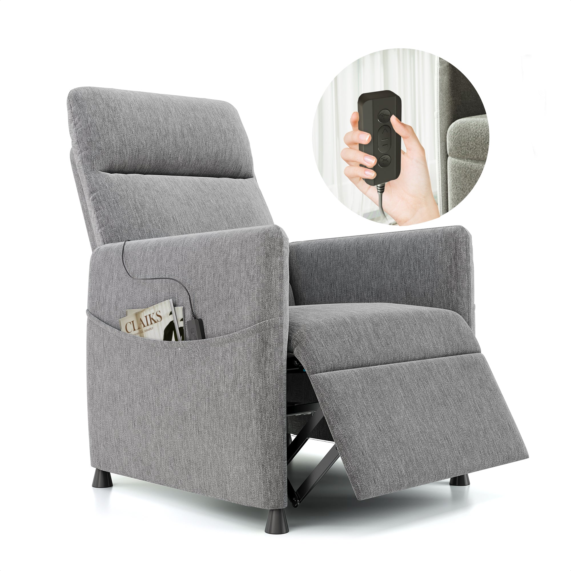 Electric Recliner Chair for Adults, PAPROOS Velvet Power Recliner Chair with Footrest & Padded Seat, Small Reclining Sofa with Side Pocket, Manual Recliner for Living Room Home Theater, Light Grey