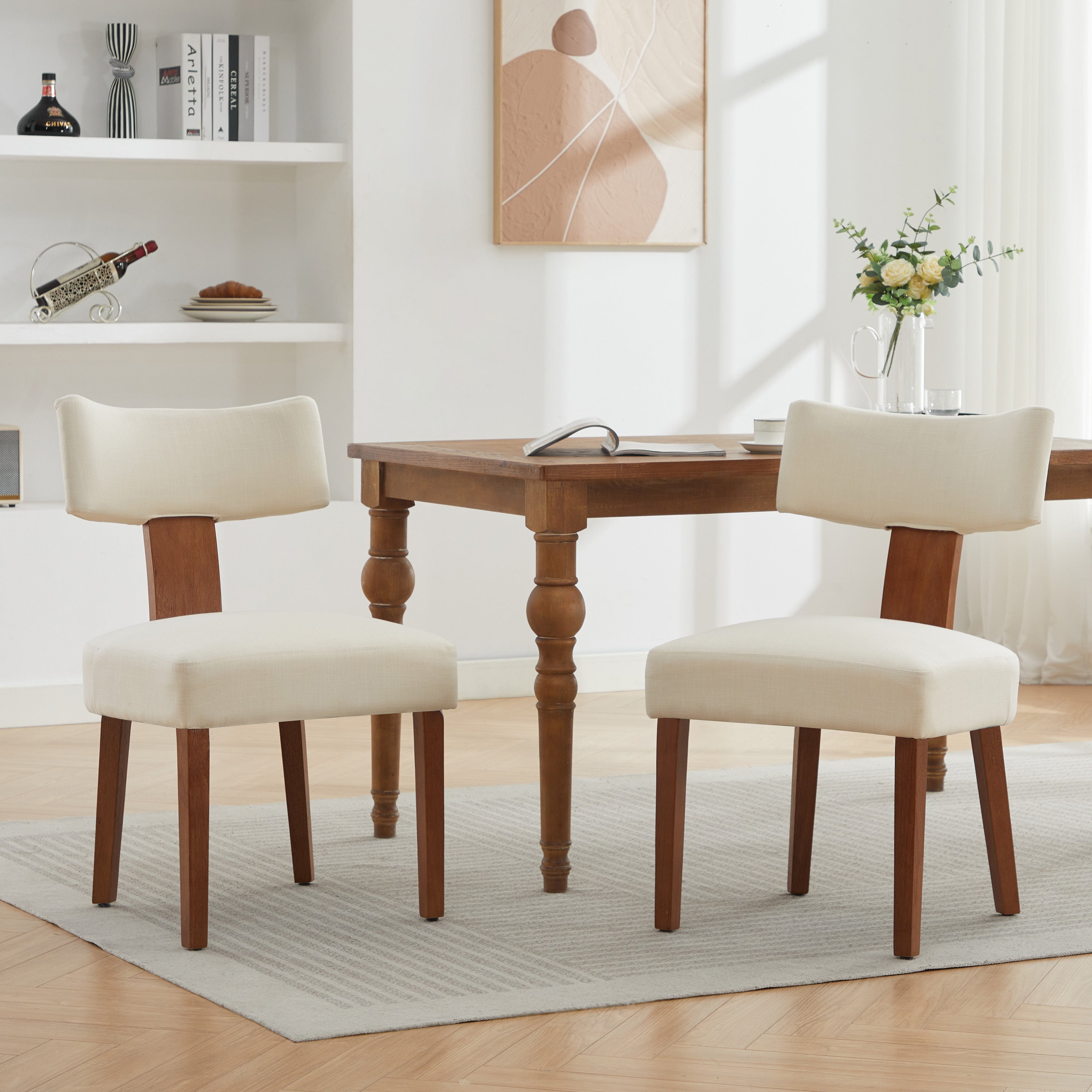 Dining Chairs Set of 2, Paproos Linen Upholstered Dining Chairs, Modern Accent Chair Side Chair with Curved Backrest and Adjustable Foot, Dining Room Chairs for Kitchen Dining Living Room
