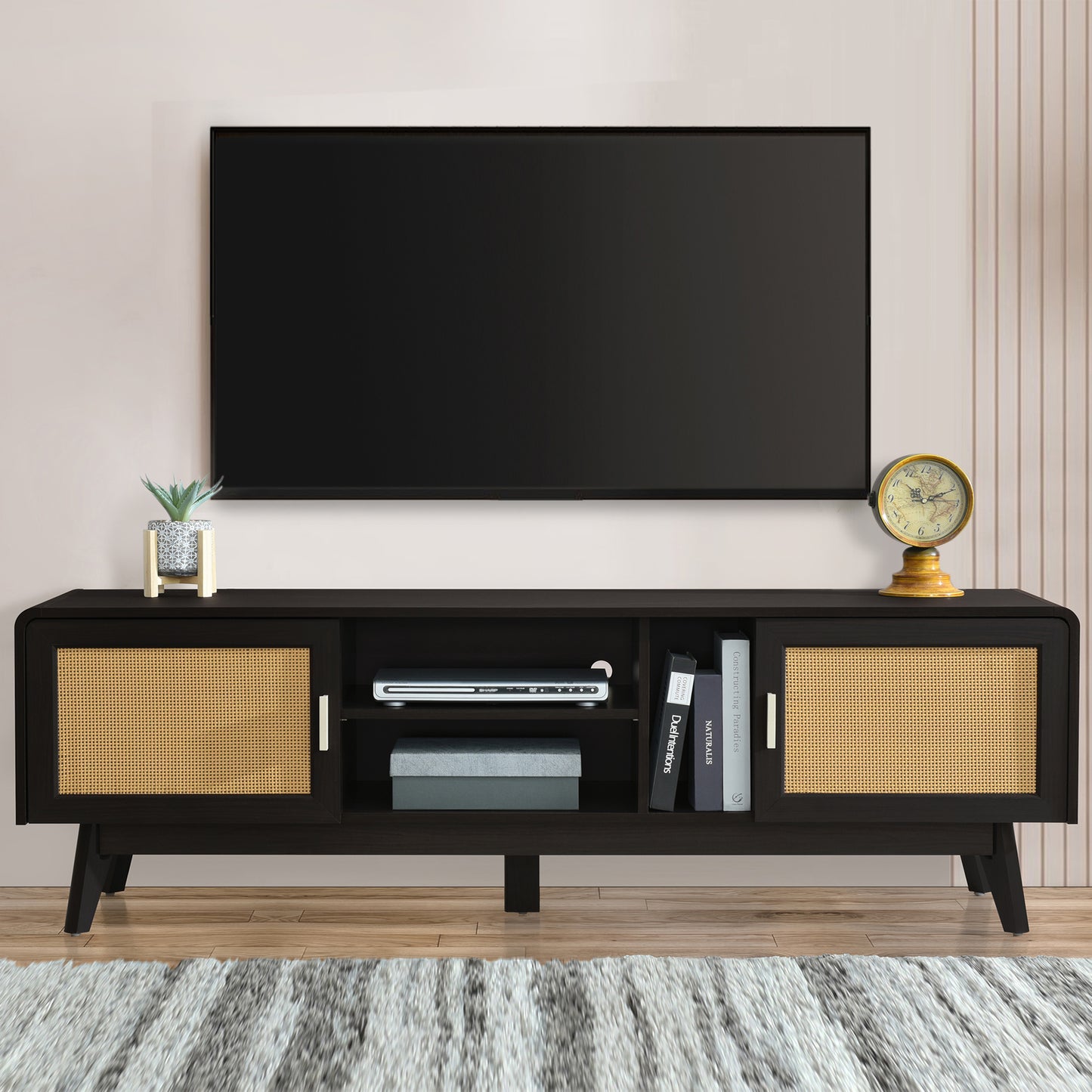 PAPROOS TV Stand for 70 inch tv, Mid Century Entertainment Center with Storage Cabinets, TV Cabinet with Open Shelves, Media Console Table with Doors for Living Room, Office