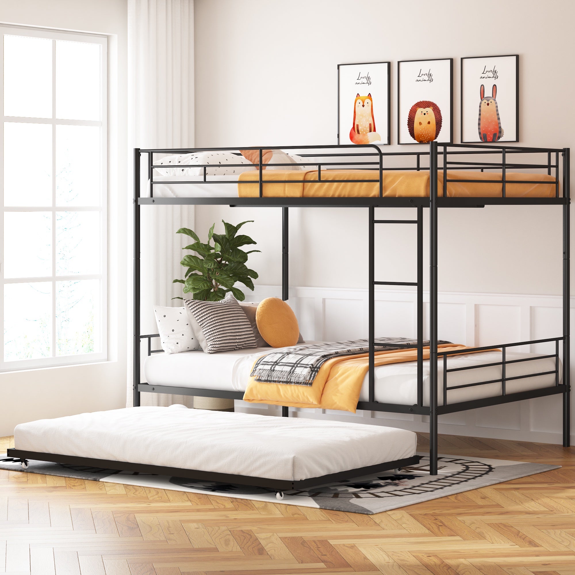 Paproos Full Over Full Bunk Bed with Trundle, Convertible Metal Platform Bed with Ladder and Full-Length Guardrail, Black