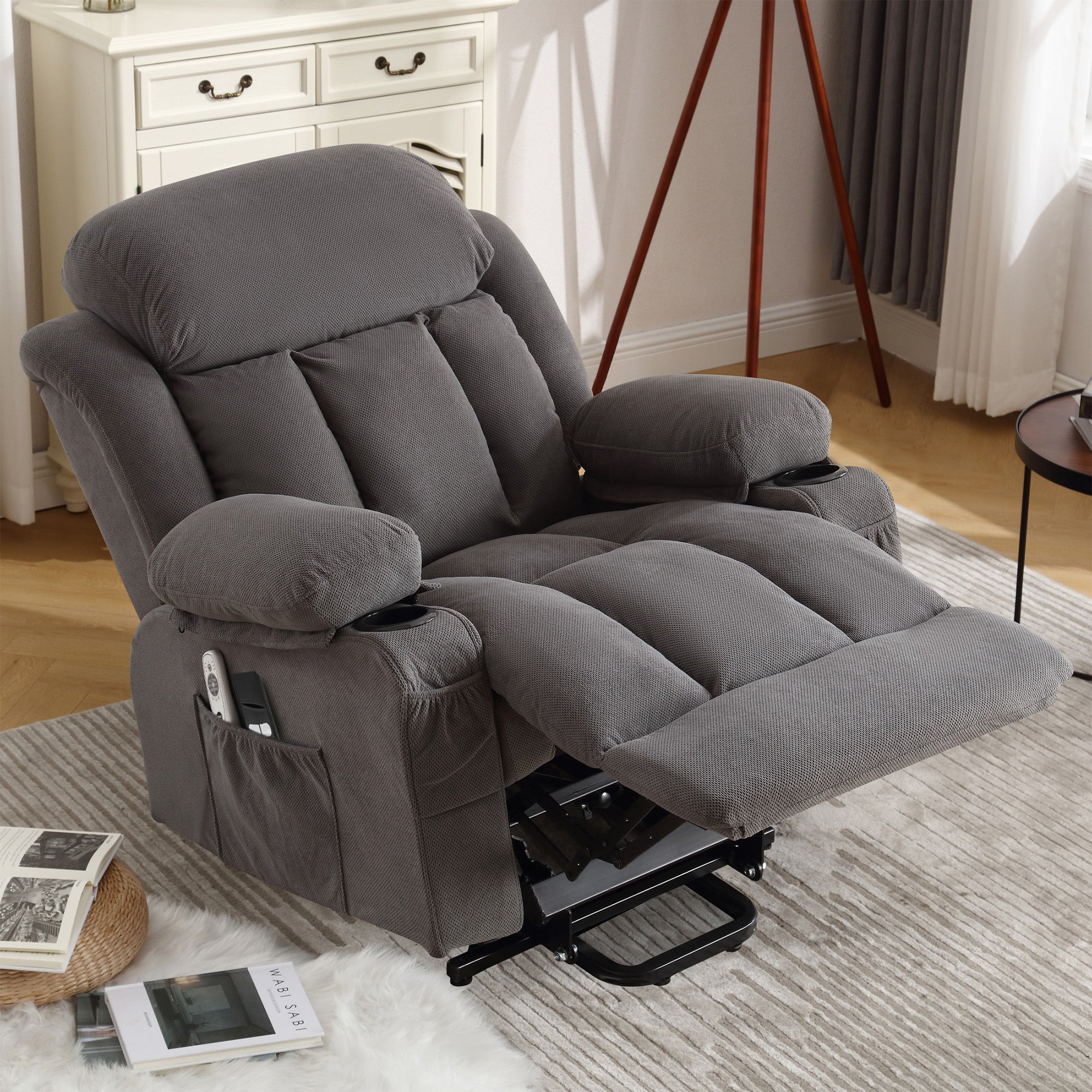 PAPROOS Power Lift Recliner Chair for Elderly with Heat and Massage, Electric Velvet Lift Chair with USB Port, Side Pockets and Cup Holders, Remote Control Recliner for Living Room, Brown
