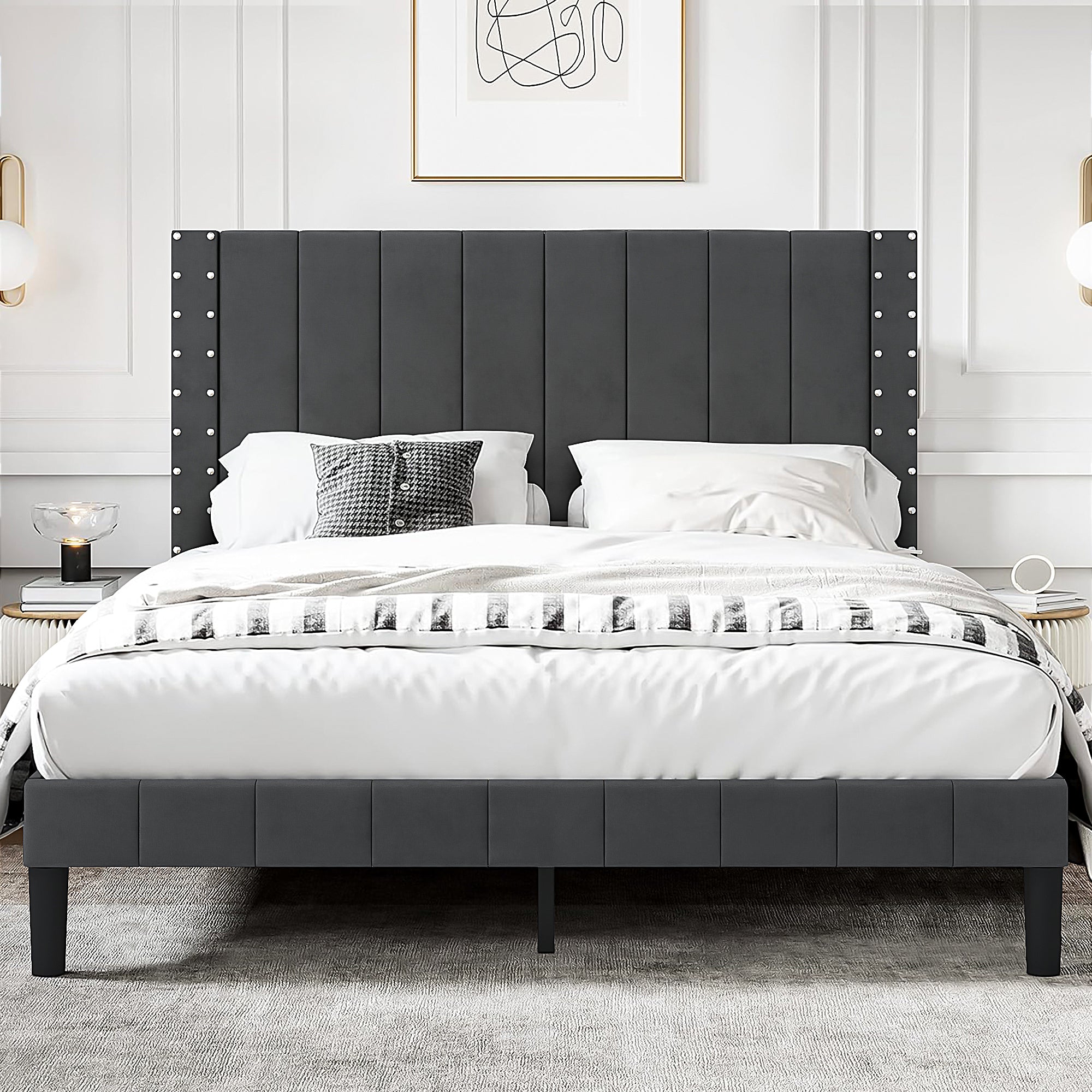 PAPROOS Full Platform Bed Frame, Upholstered Bed Frame Full Size with Vertical Channel and Rivet Decor Headboard, No Box Spring Needed, Easy Assembly, Dark Gray