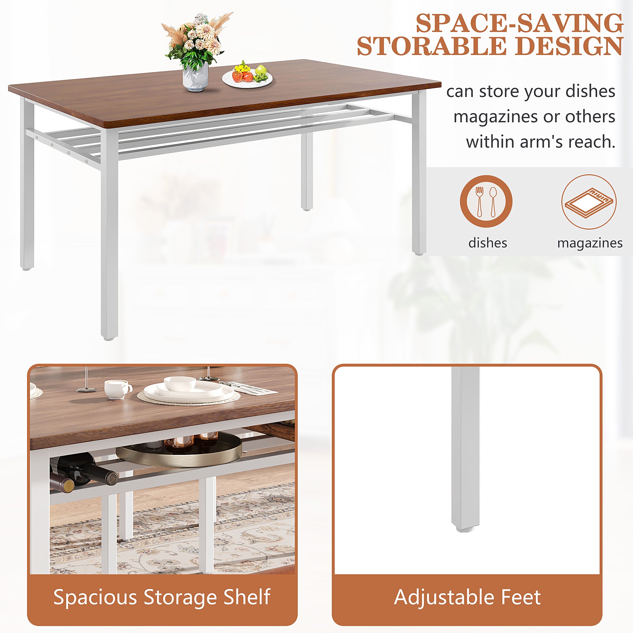 PAPROOS Dining Table Set for 6, 6 Piece Dining Room Set with Wooden Table Top, PU Leather Upholstery Chairs and Bench, Modern Dinette Sets for Big Family, Kitchen Table and Chairs Set, Rustic Brown