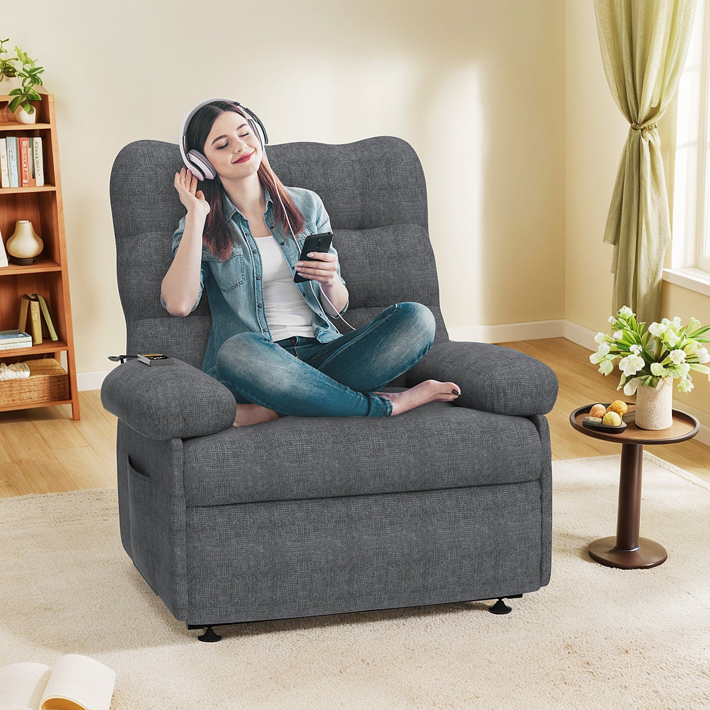 Electric Recliner Chair, PAPROOS Ergonomic Lounge Recliner with Remote Control, Side Pocket, Modern Power Recliner Sofa for Adults Elderly, Single Reclining Sofa for Living Room Home, Grey