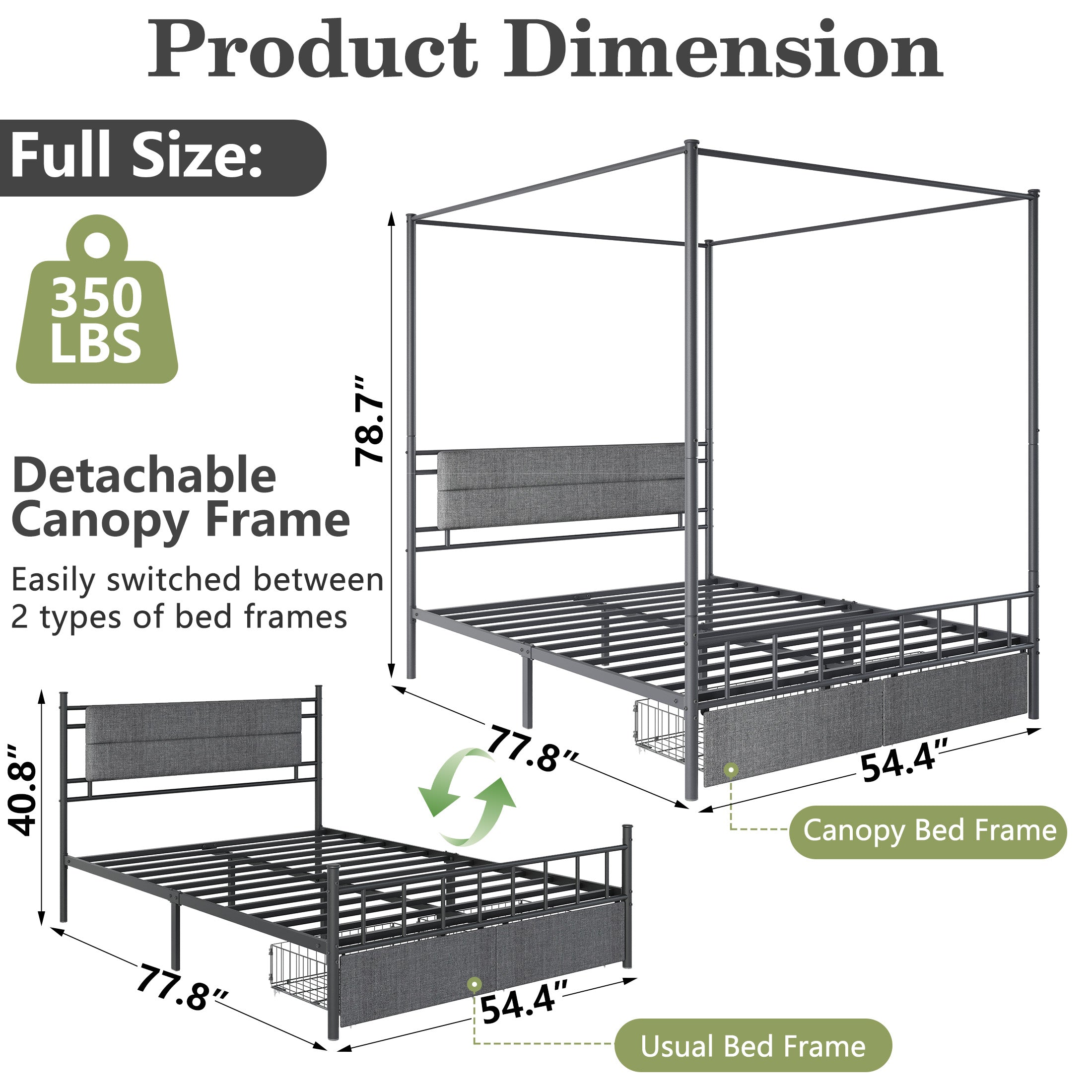 PAPROOS Full Size Canopy Bed Frame, Upholstered Bed Frame with Metal Slats, Metal Platform Bed with 2 Storage Drawers, No Box Spring Needed