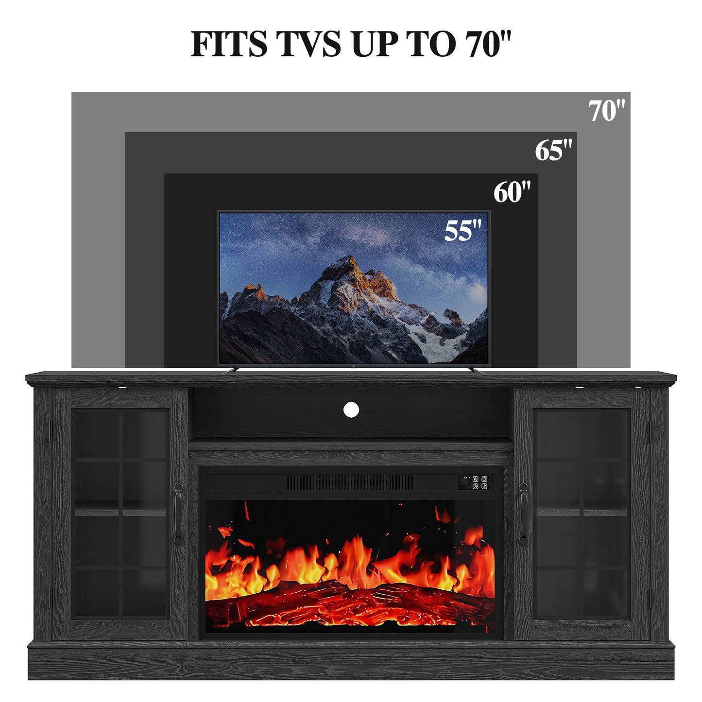 PAPROOS 63" Fireplace TV Stand for TVs up to 70" with 32" Electric Fireplace, Entertainment Center with LED, Modern Television Table Center With Remote Control for Living Room, Black