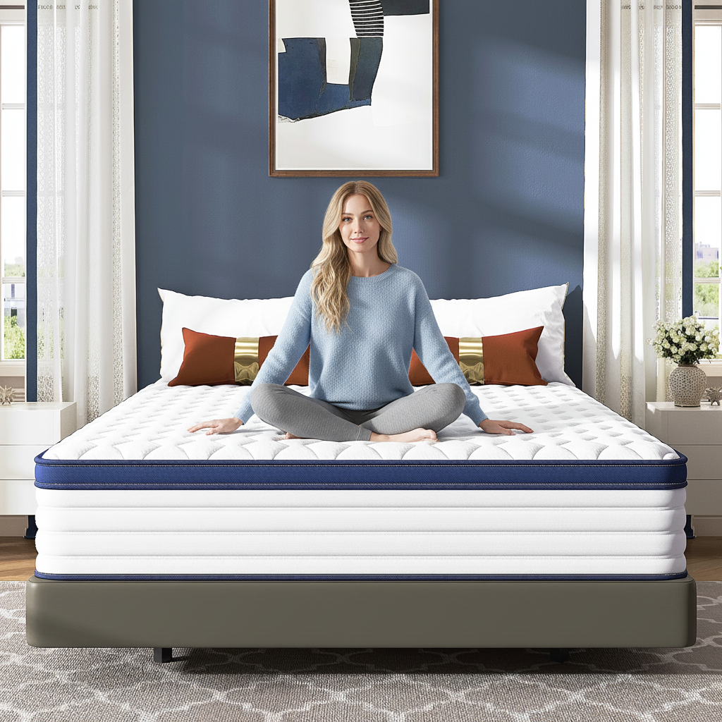 Twin Mattress, PAPROOS 12" Memory Foam Hybrid Mattress in a Box, Cool Individual Pocket Spring Mattress with Breathable Knitted Fabric Cover, Twin Size Medium Firm Mattress, CertiPUR-US, White/Blue