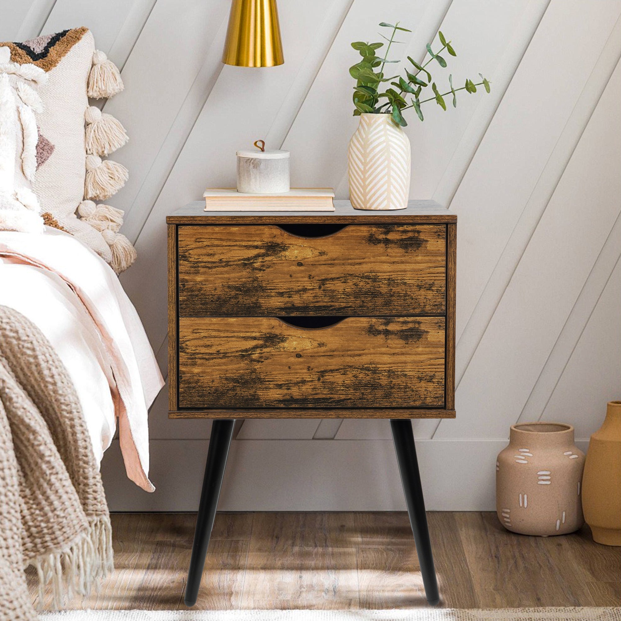 Nightstands Set of 2, Bedroom Bedside Table with 2 Drawers Storage, Country Style Night End Table with Large Storage Space, Suitable for Living Room Bedroom, Rustic Brown