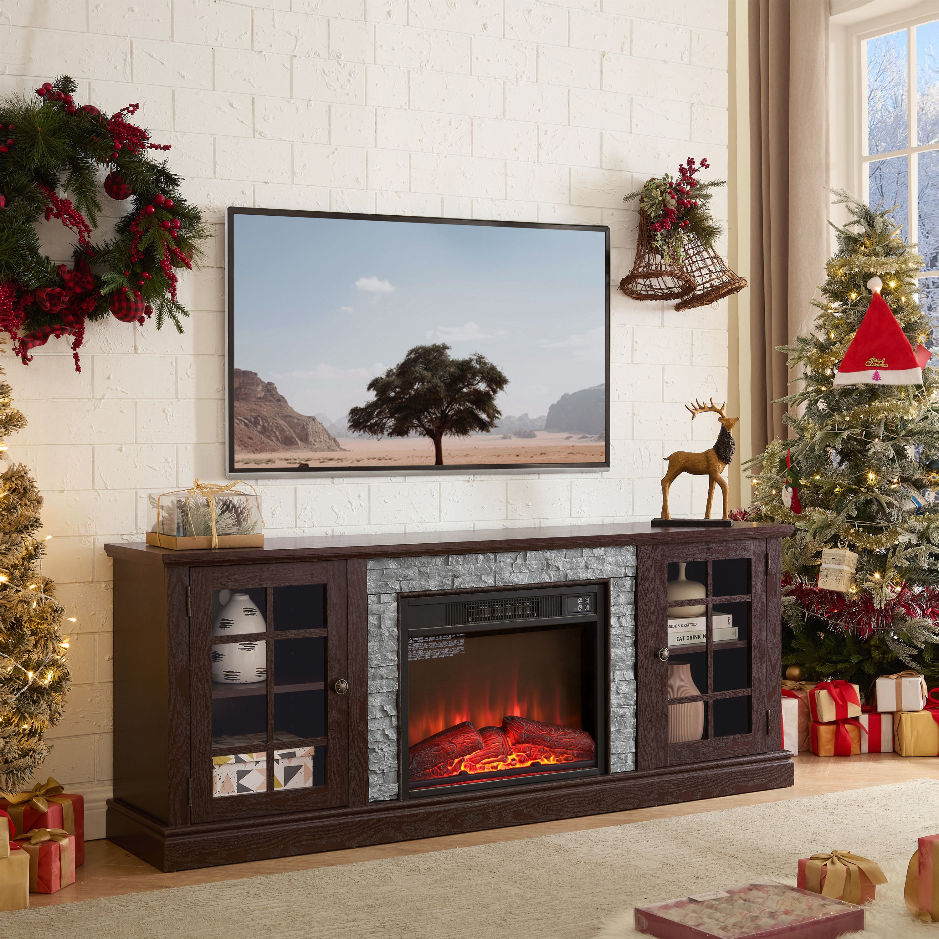 PAPROOS 70" Fireplace TV Stand for TVs up to 75" with 23" Electric Fireplace, Large Entertainment Center with 2-Door Storage, Modern Television Table Center for Living Room, White
