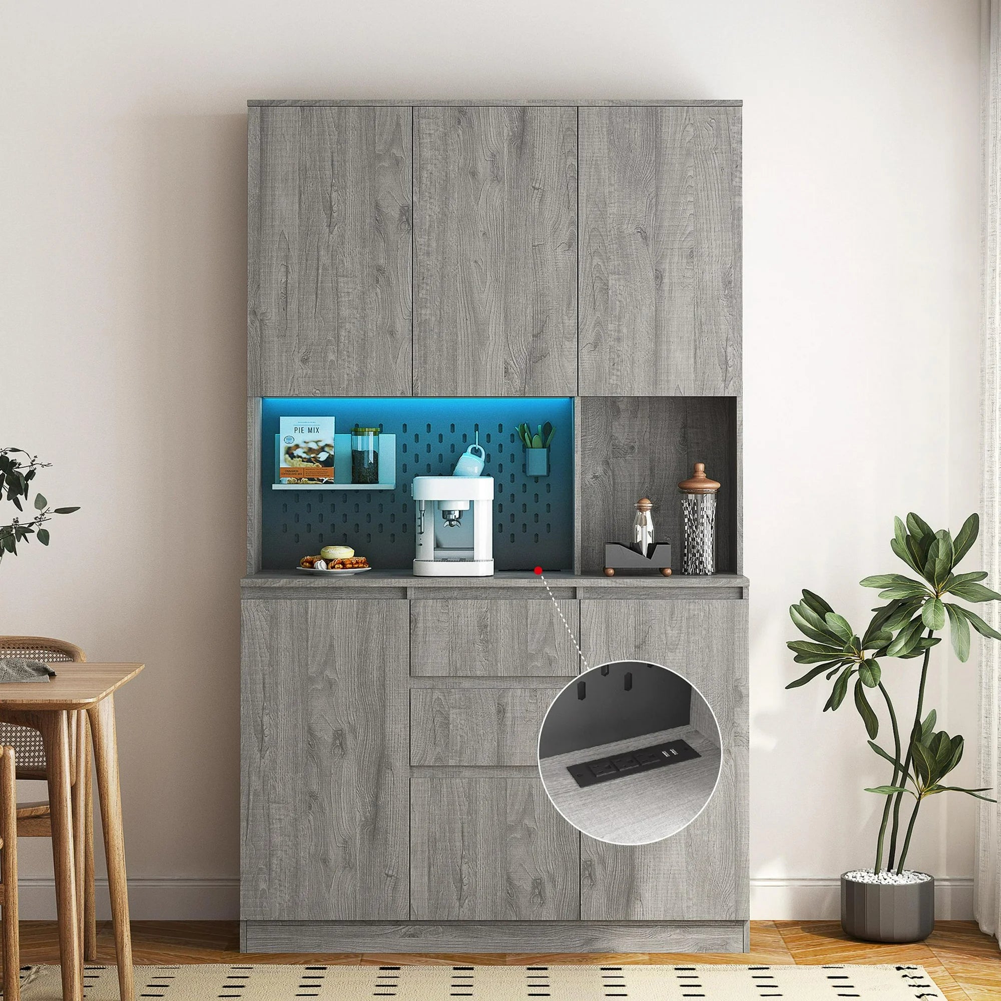 PAPROOS 74" LED Kitchen Pantry Cabinet with Charging Station, Sideboard Buffet Cabinet with 5 Doors, Large Countertop, Storage Shelf, Kitchen Dining Room Bathroom Sideboard, White