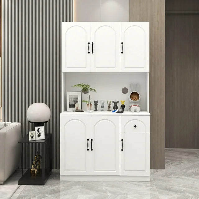 paproos 70.87" Pantry Cabinets with Hutch, Tall Kitchen Pantry Storage Cabinet, Sideboard Buffet Cabinet with 6 Doors, Large Countertop, Storage Shelf, Kitchen Dining Room Bathroom Sideboard, White