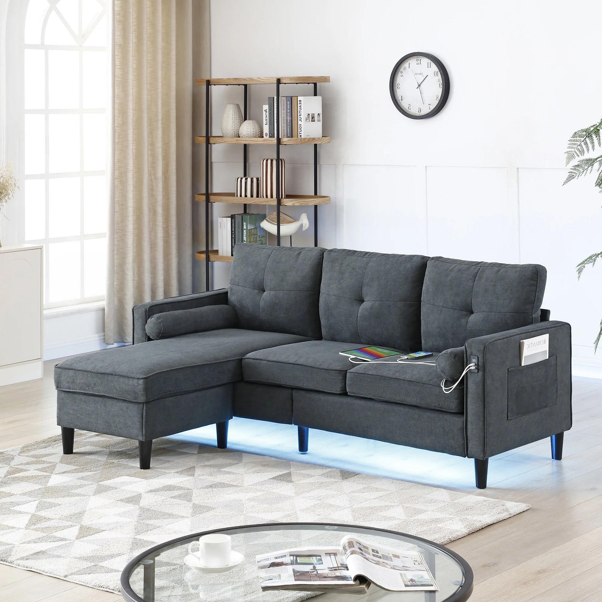 PAPROOS Sectional Sofa Set, 3 Seat L Shaped Couch with 2USB Ports and LED Lights, Convertible Linen Sectional Sofa Set with a Storage Ottoman and Side Pockets for Living Room Office Apartment, Black