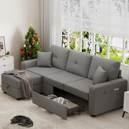 PAPROOS 78''L Shaped Couch with 2 Drawers and Storage Ottoman, Convertible Sectional Sofa Set, Modern Linen Sofa Set with Side Pockets for Living Room Office Apartment,Gray