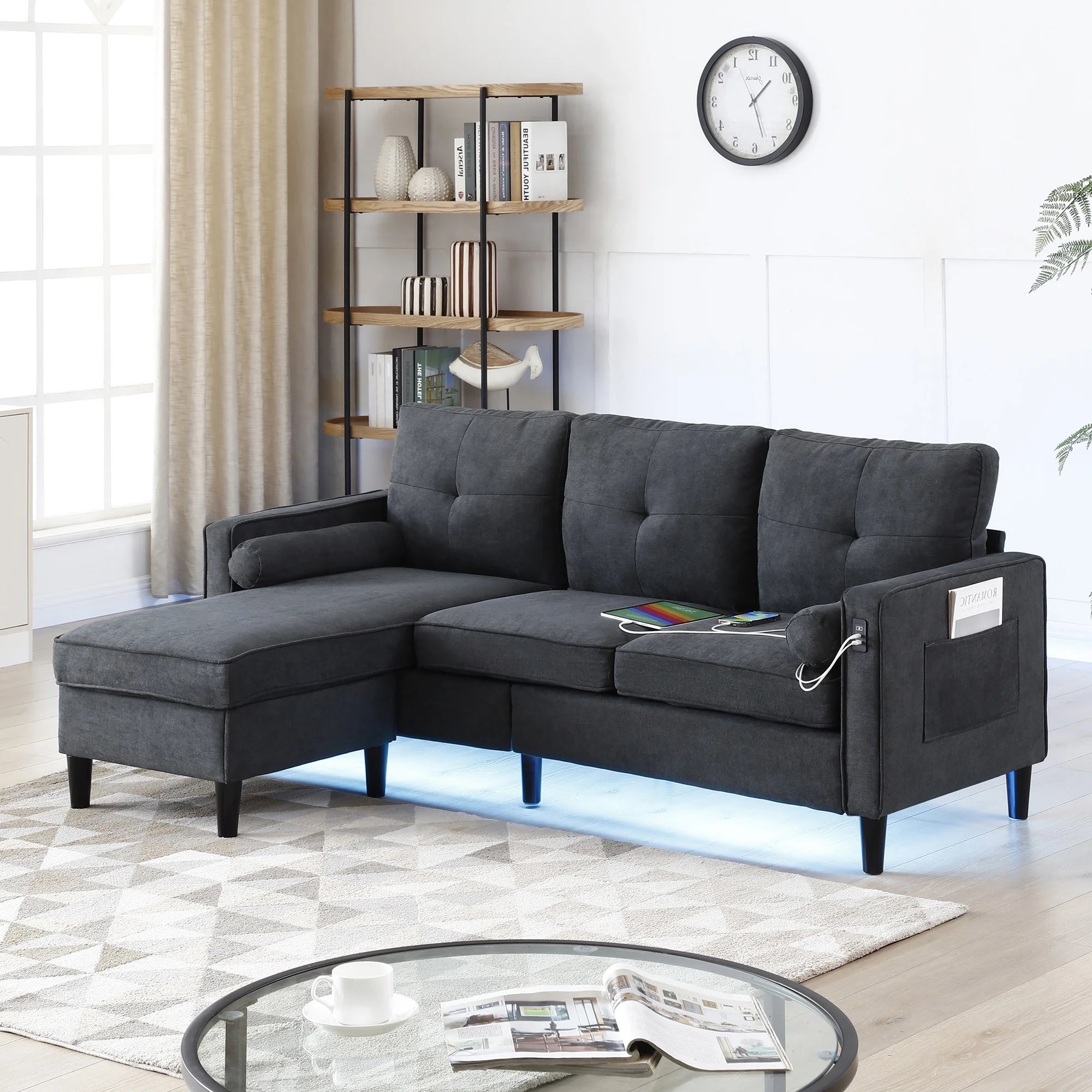 PAPROOS Sectional Sofa Set, 3 Seat L Shaped Couch with 2USB Ports and LED Lights, Convertible Linen Sectional Sofa Set with a Storage Ottoman and Side Pockets for Living Room Office Apartment, Black
